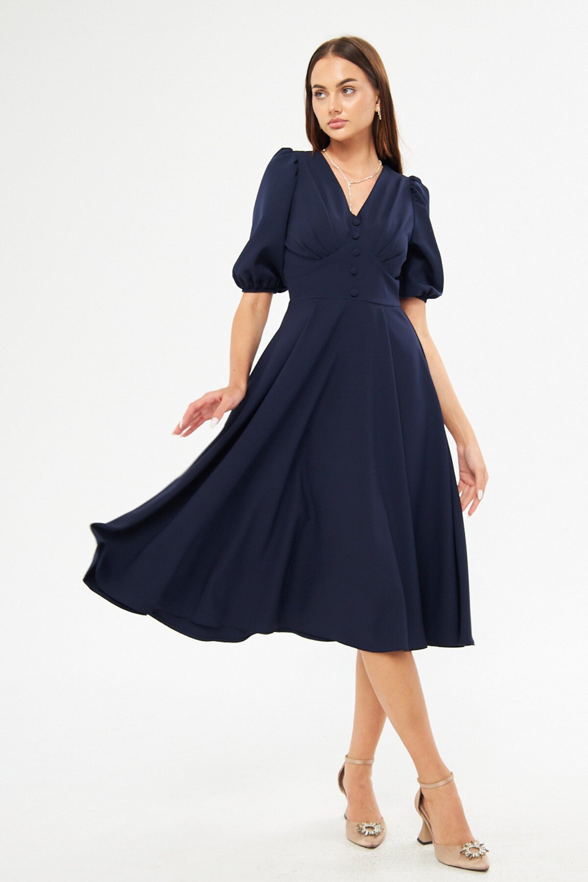 Midi Flowy V-Neck Balloon Sleeve Woven Corset Belted Pleated Bust Decorative Button Dress - Navy Blue - Bidoluelbise