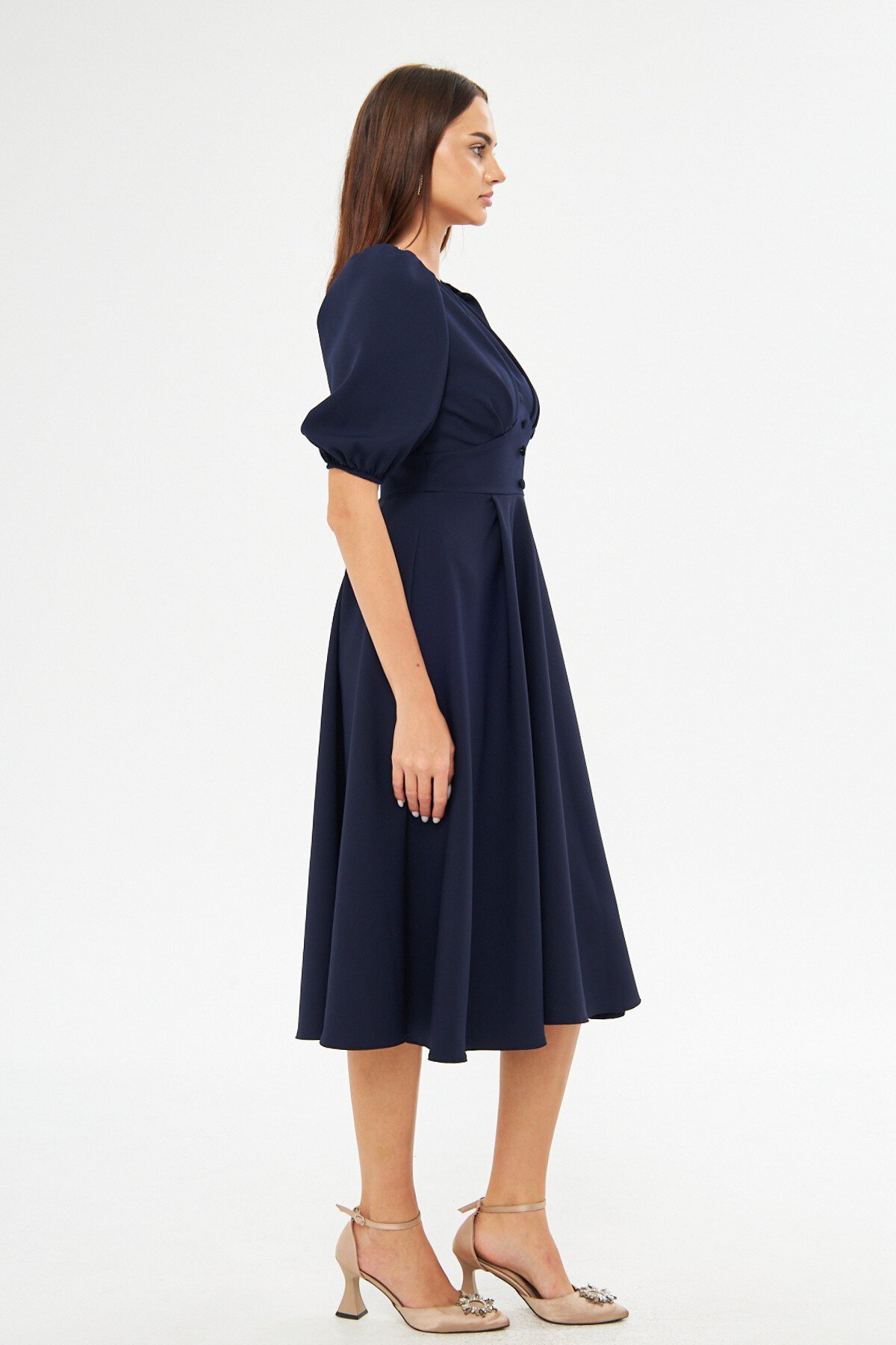 Midi Flowy V-Neck Balloon Sleeve Woven Corset Belted Pleated Bust Decorative Button Dress - Navy Blue - Bidoluelbise