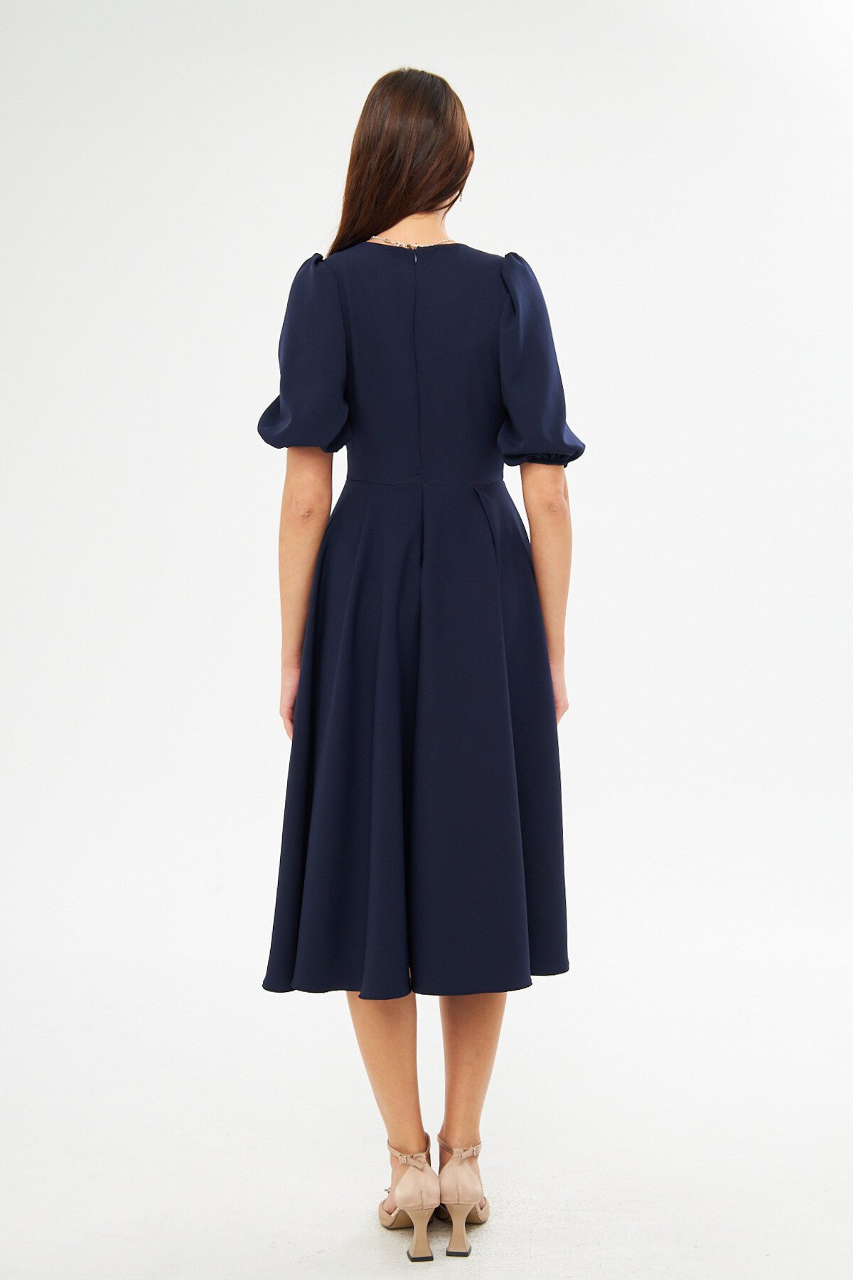 Midi Flowy V-Neck Balloon Sleeve Woven Corset Belted Pleated Bust Decorative Button Dress - Navy Blue - Bidoluelbise