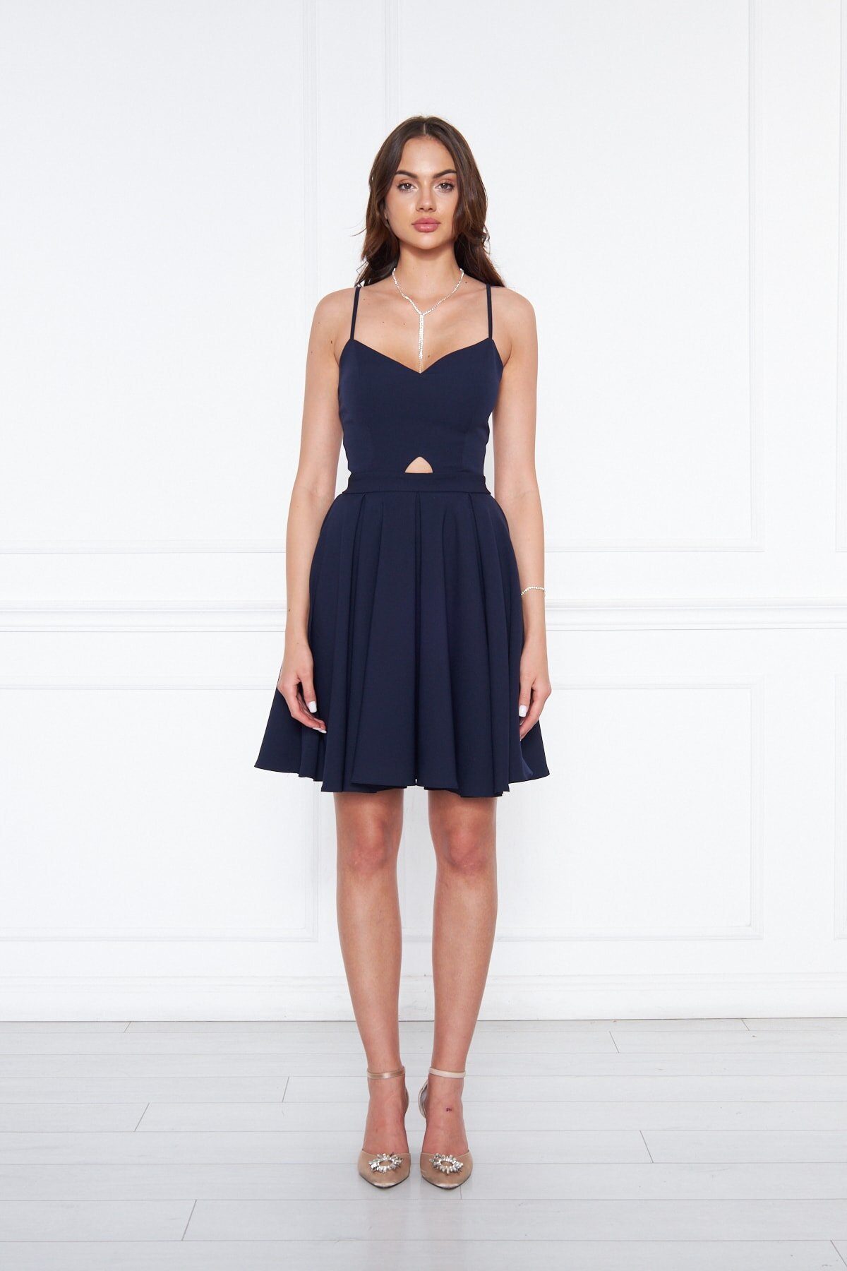 Mini Flared Pleated Strappy Lace-up Back Evening Dress - Navy - Bidoluelbise