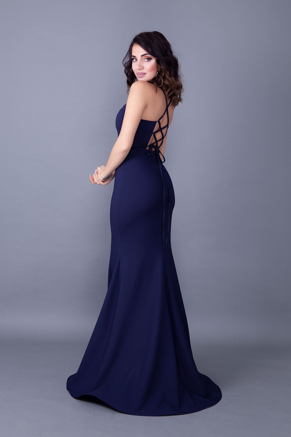 Long Mermaid Strappy Back Lace-up Evening Dress - Navy Blue - Bidoluelbise