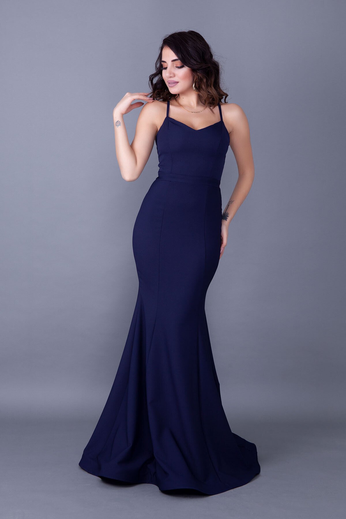 Long Mermaid Strappy Back Lace-up Evening Dress - Navy Blue - Bidoluelbise