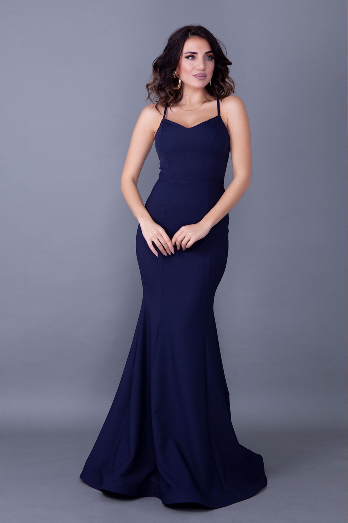 Long Mermaid Strappy Back Lace-up Evening Dress - Navy Blue - Bidoluelbise