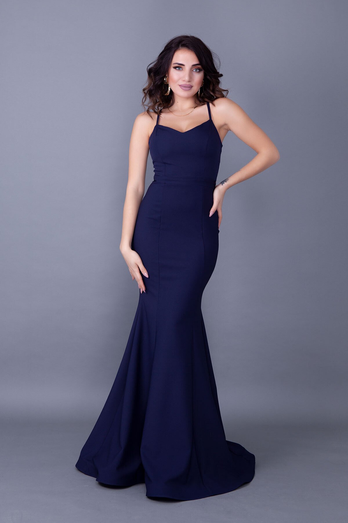 Long Mermaid Strappy Back Lace-up Evening Dress - Navy Blue - Bidoluelbise