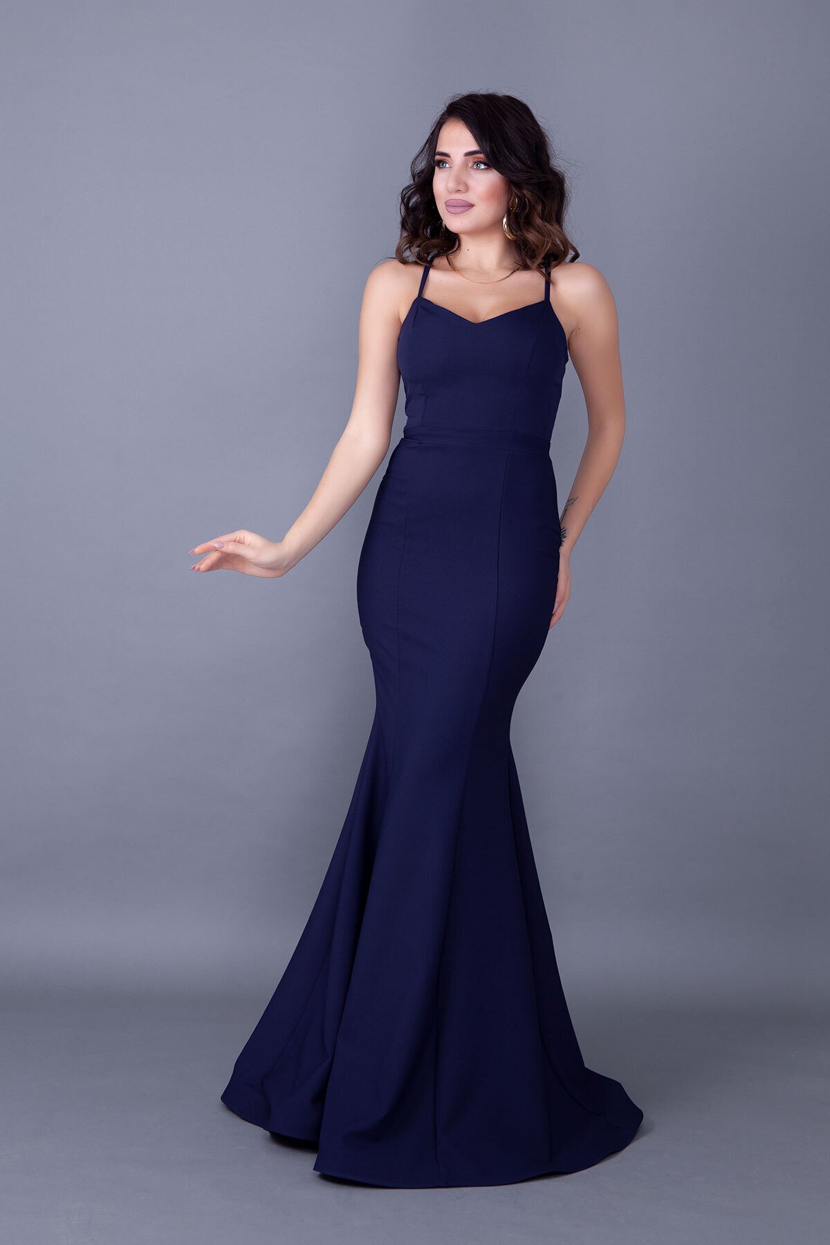 Long Mermaid Strappy Back Lace-up Evening Dress - Navy Blue - Bidoluelbise