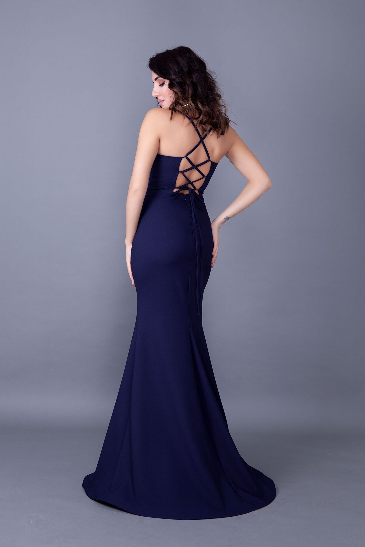 Long Mermaid Strappy Back Lace-up Evening Dress - Navy Blue - Bidoluelbise