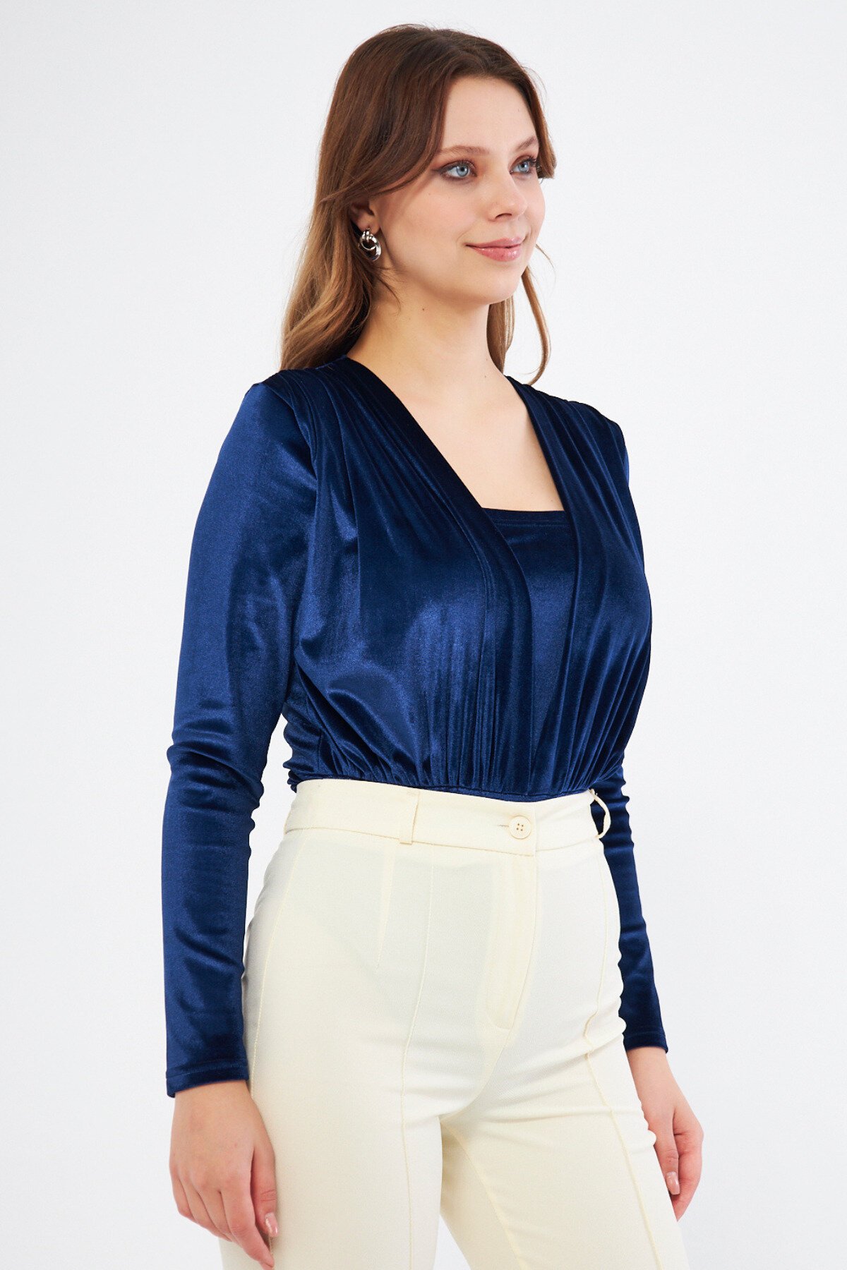Long Sleeve Velvet Gathered Detail Snap Bodysuit - Navy Blue - Bidoluelbise