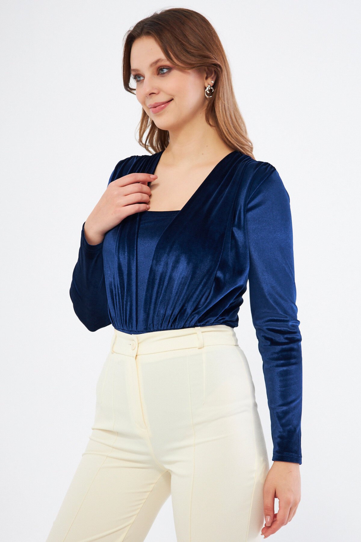 Long Sleeve Velvet Gathered Detail Snap Bodysuit - Navy Blue - Bidoluelbise
