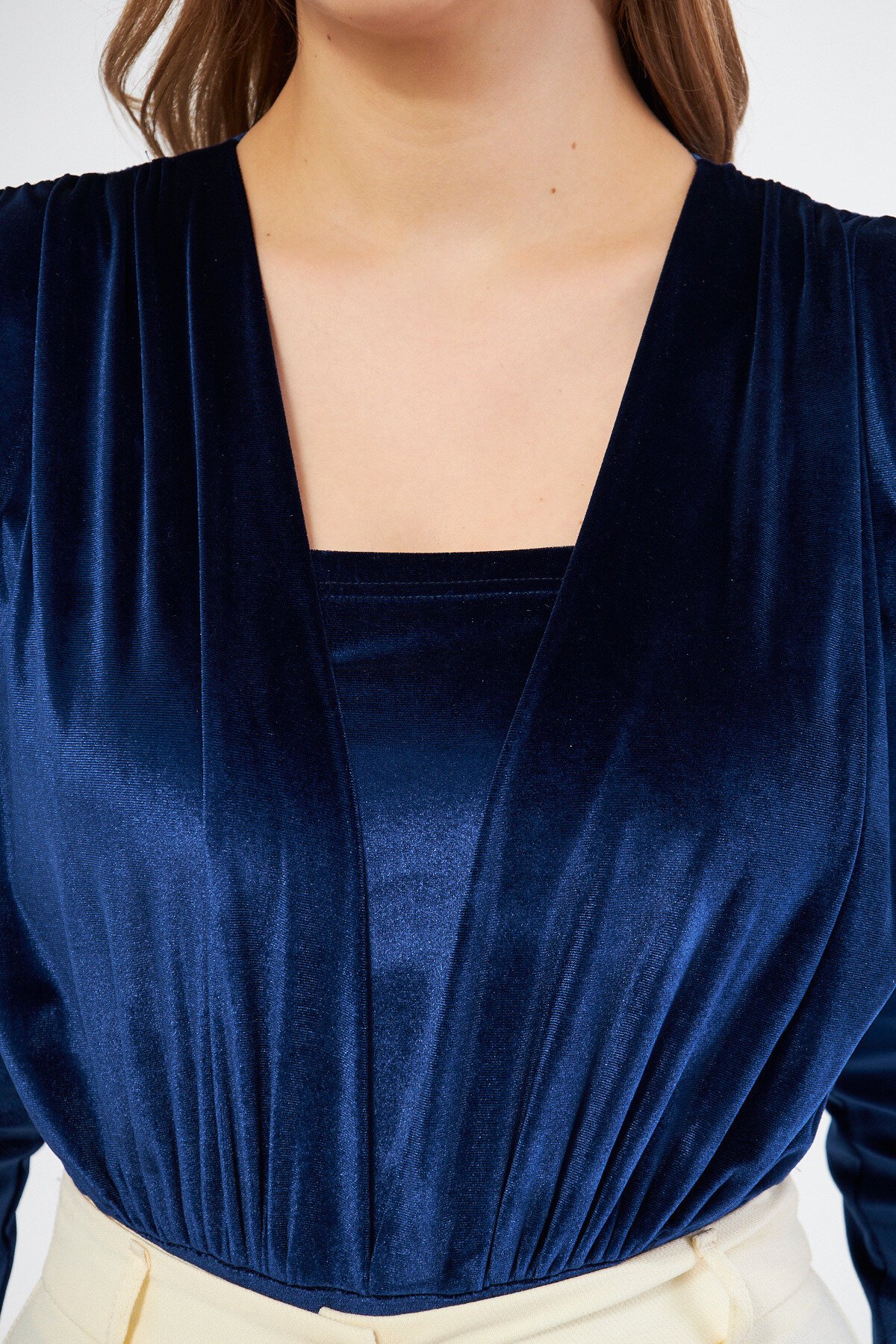 Long Sleeve Velvet Gathered Detail Snap Bodysuit - Navy Blue - Bidoluelbise