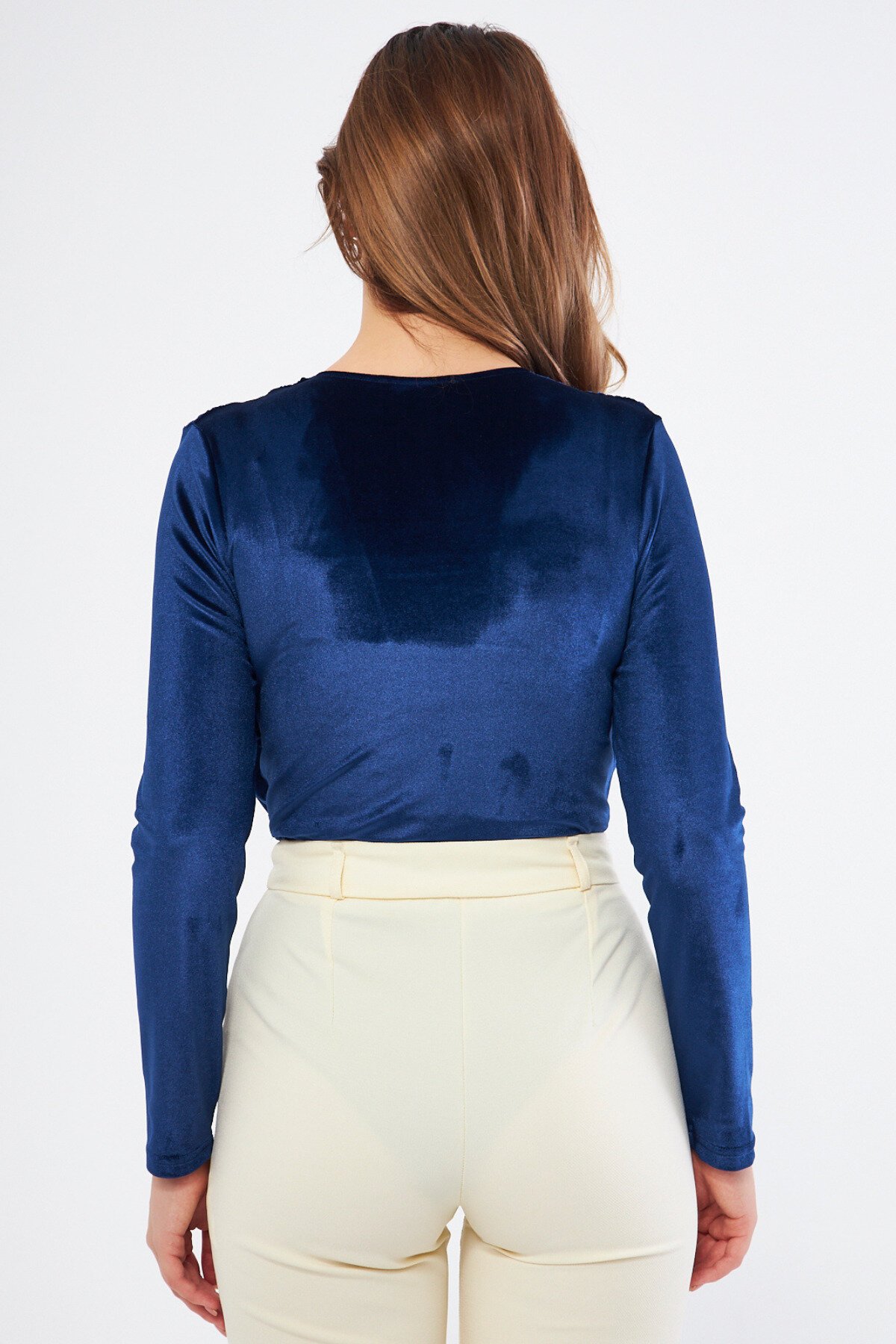 Long Sleeve Velvet Gathered Detail Snap Bodysuit - Navy Blue - Bidoluelbise
