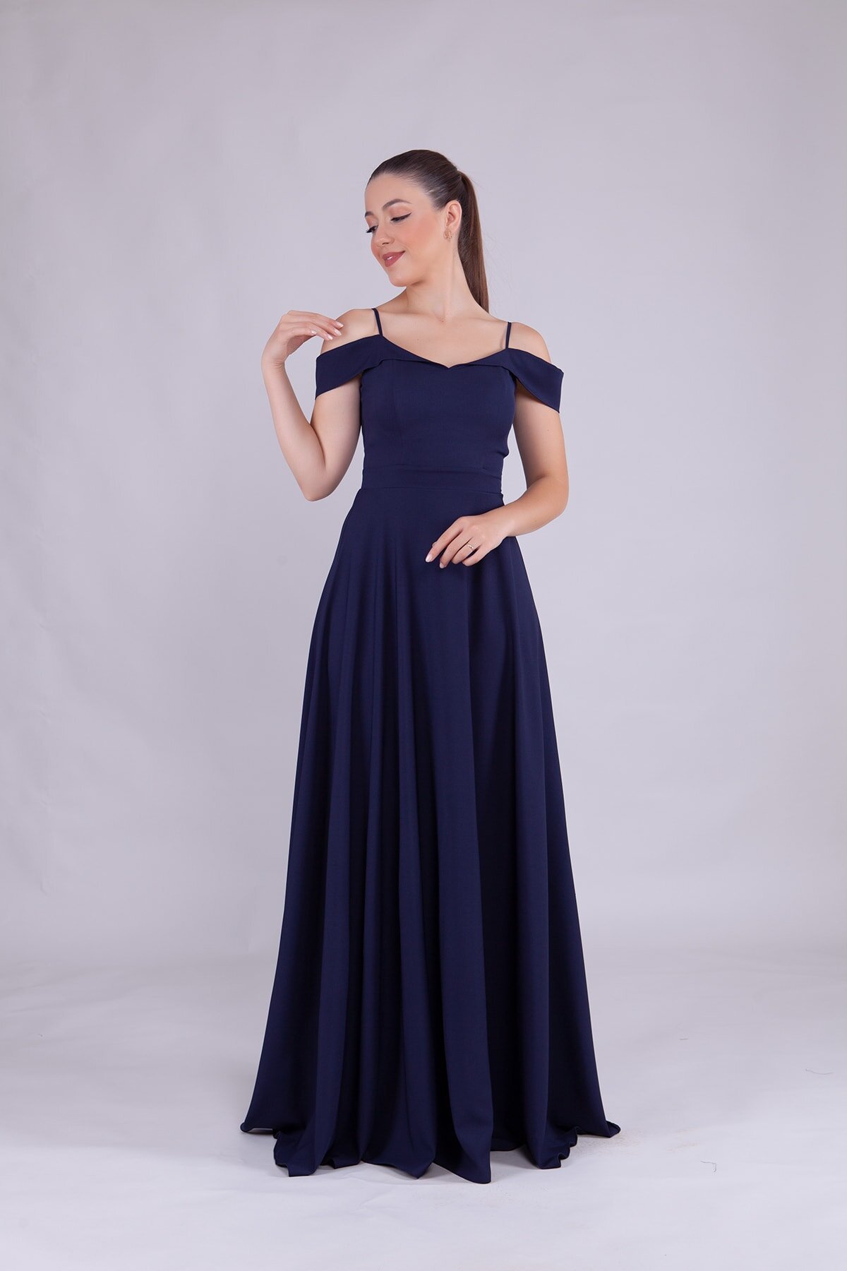 Long Strappy Shoulder-Detail Evening Dress - Navy Blue - Bidoluelbise