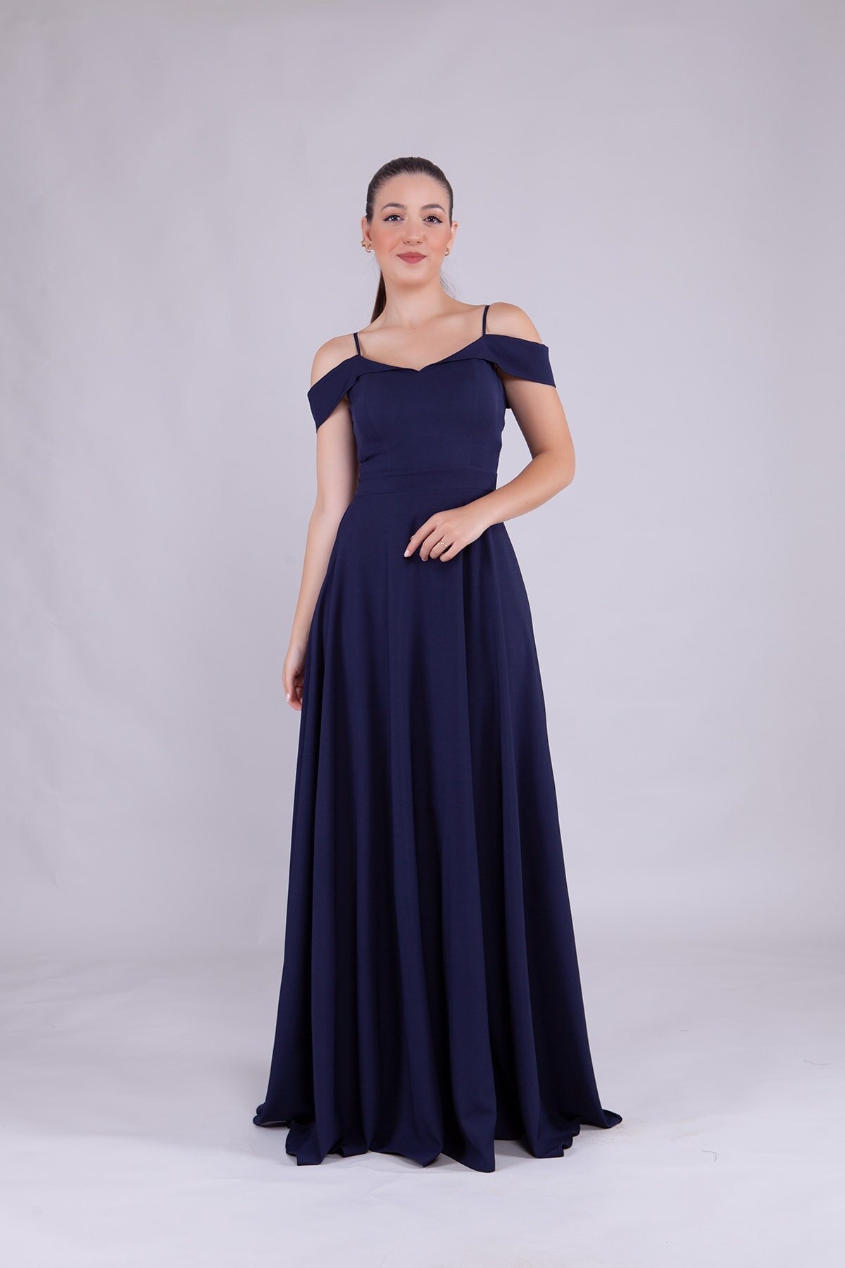 Long Strappy Shoulder-Detail Evening Dress - Navy Blue - Bidoluelbise