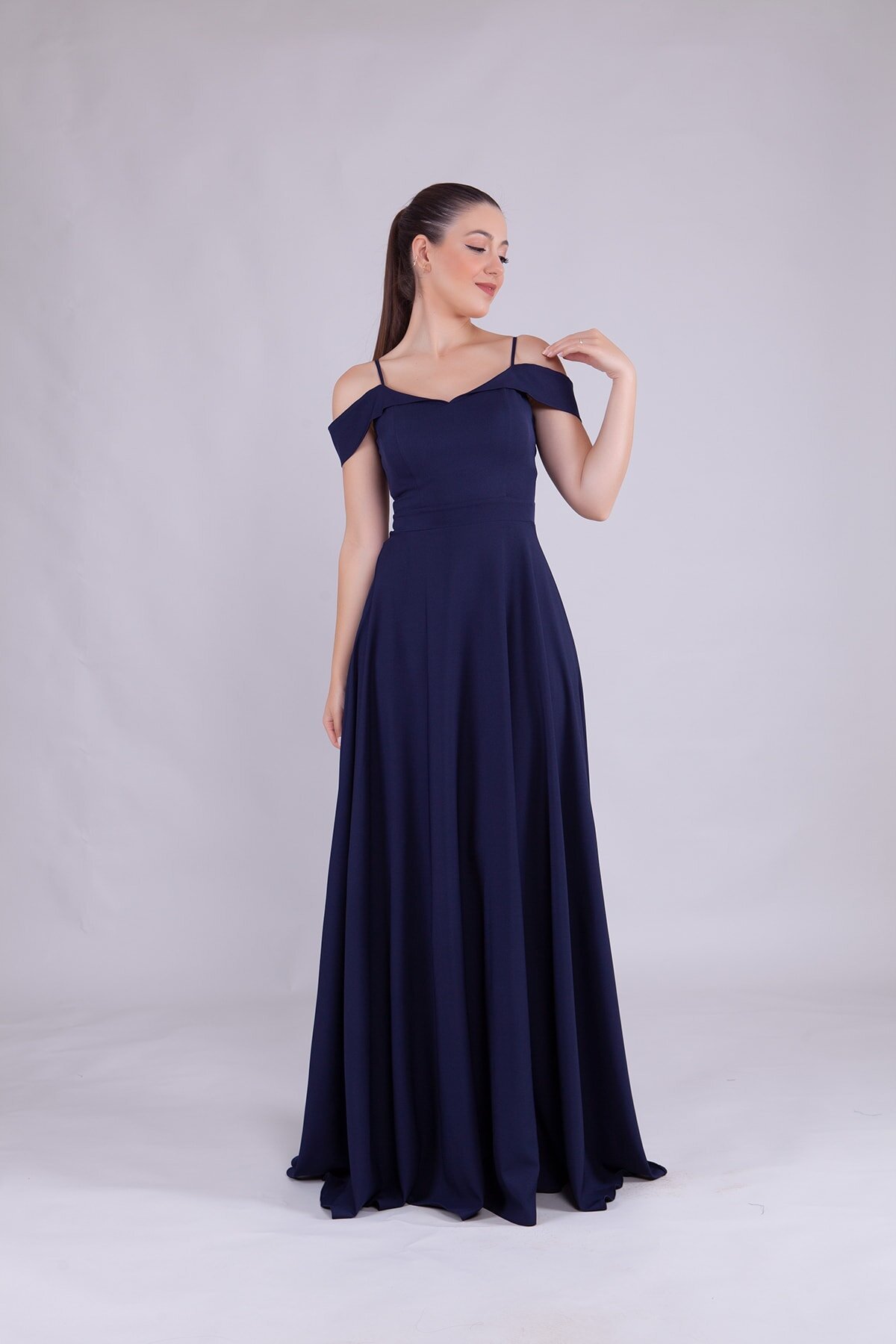 Long Strappy Shoulder-Detail Evening Dress - Navy Blue - Bidoluelbise