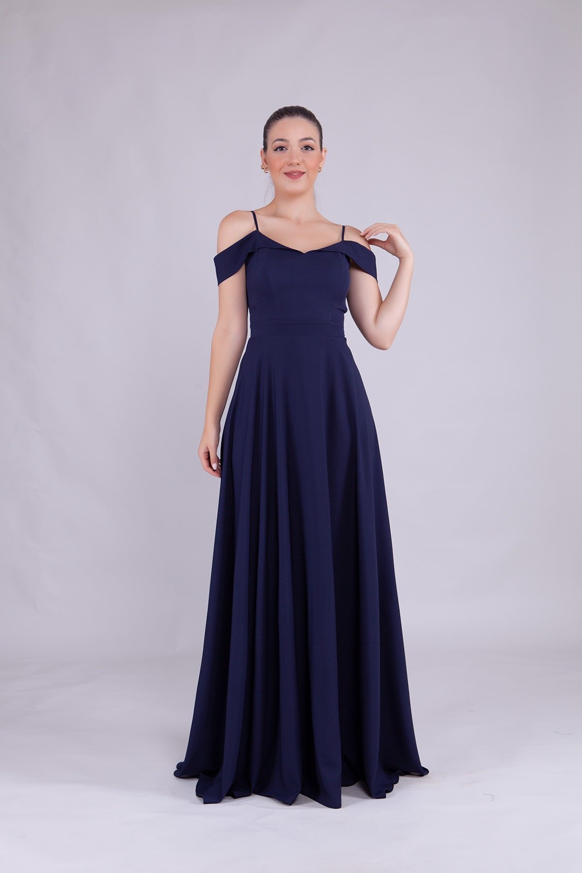 Long Strappy Shoulder-Detail Evening Dress - Navy Blue - Bidoluelbise