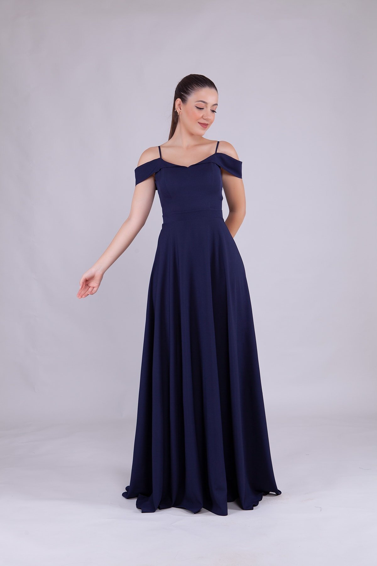 Long Strappy Shoulder-Detail Evening Dress - Navy Blue - Bidoluelbise