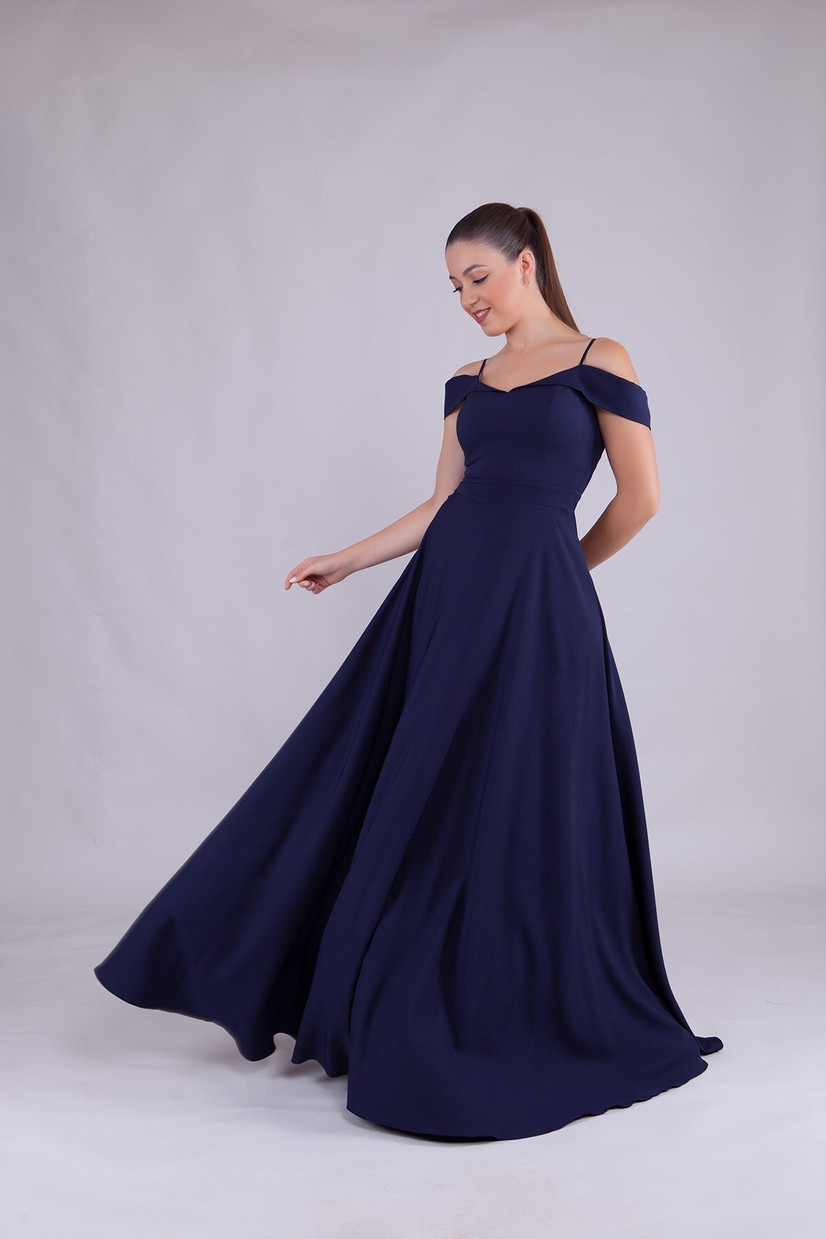 Long Strappy Shoulder-Detail Evening Dress - Navy Blue - Bidoluelbise
