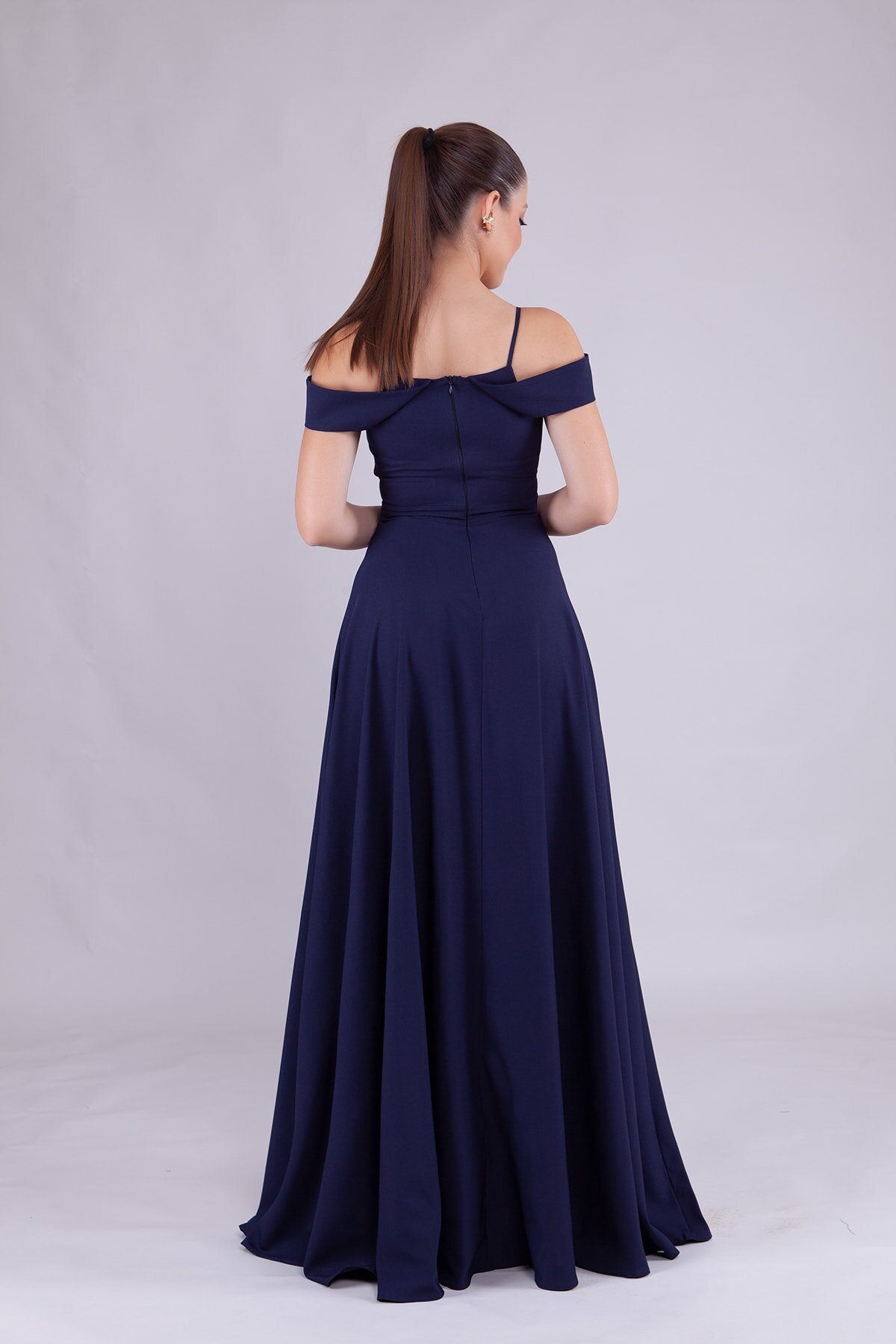 Long Strappy Shoulder-Detail Evening Dress - Navy Blue - Bidoluelbise