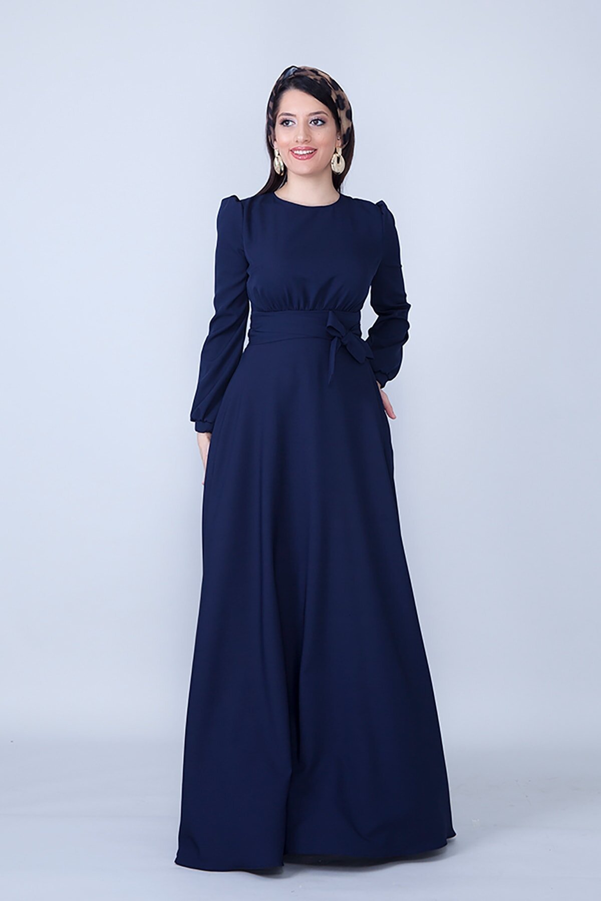 Long Gathered Waist Belted Round Neck Evening Dress - Navy Blue - Bidoluelbise