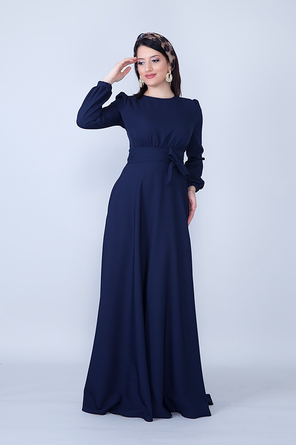 Long Gathered Waist Belted Round Neck Evening Dress - Navy Blue - Bidoluelbise
