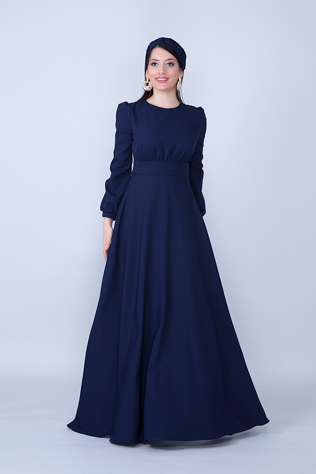 Long Gathered Waist Belted Round Neck Evening Dress - Navy Blue - Bidoluelbise