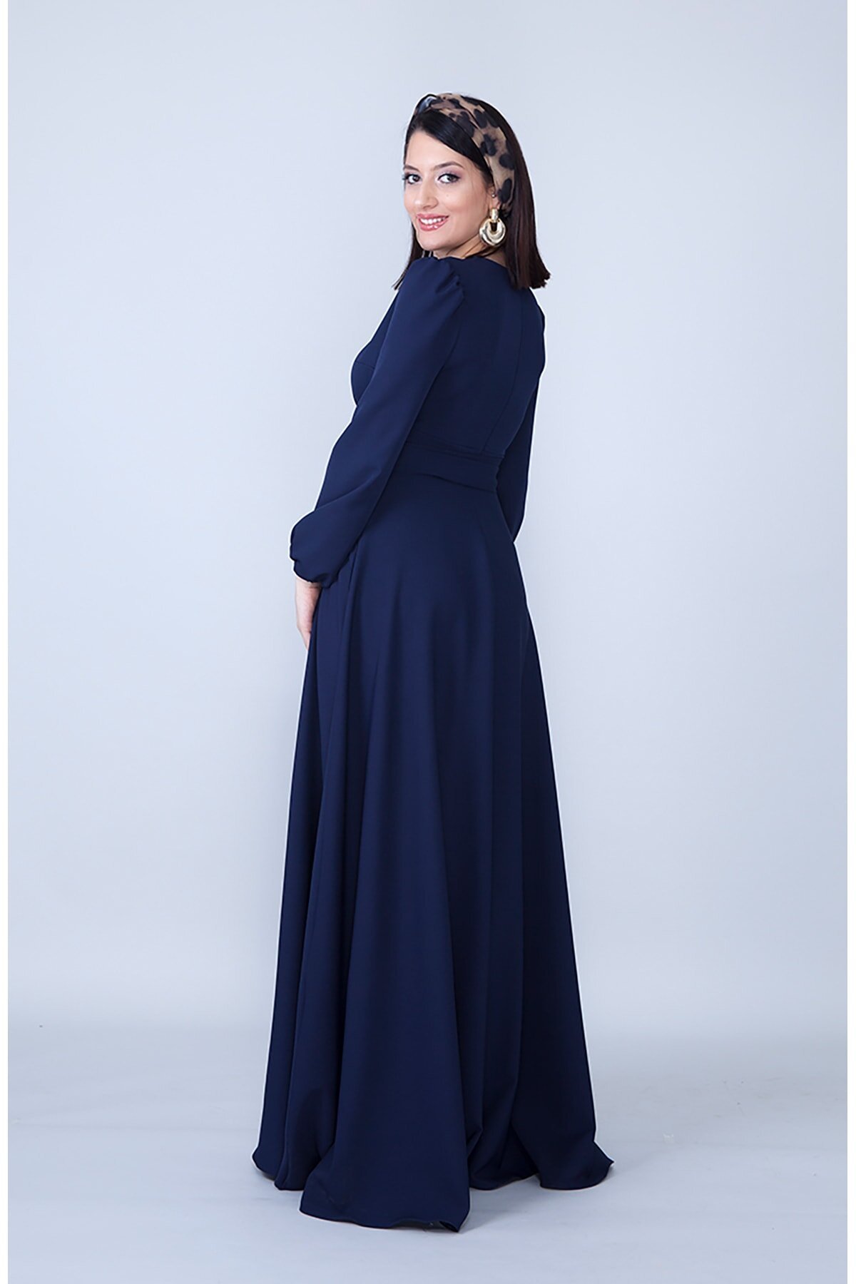 Long Gathered Waist Belted Round Neck Evening Dress - Navy Blue - Bidoluelbise