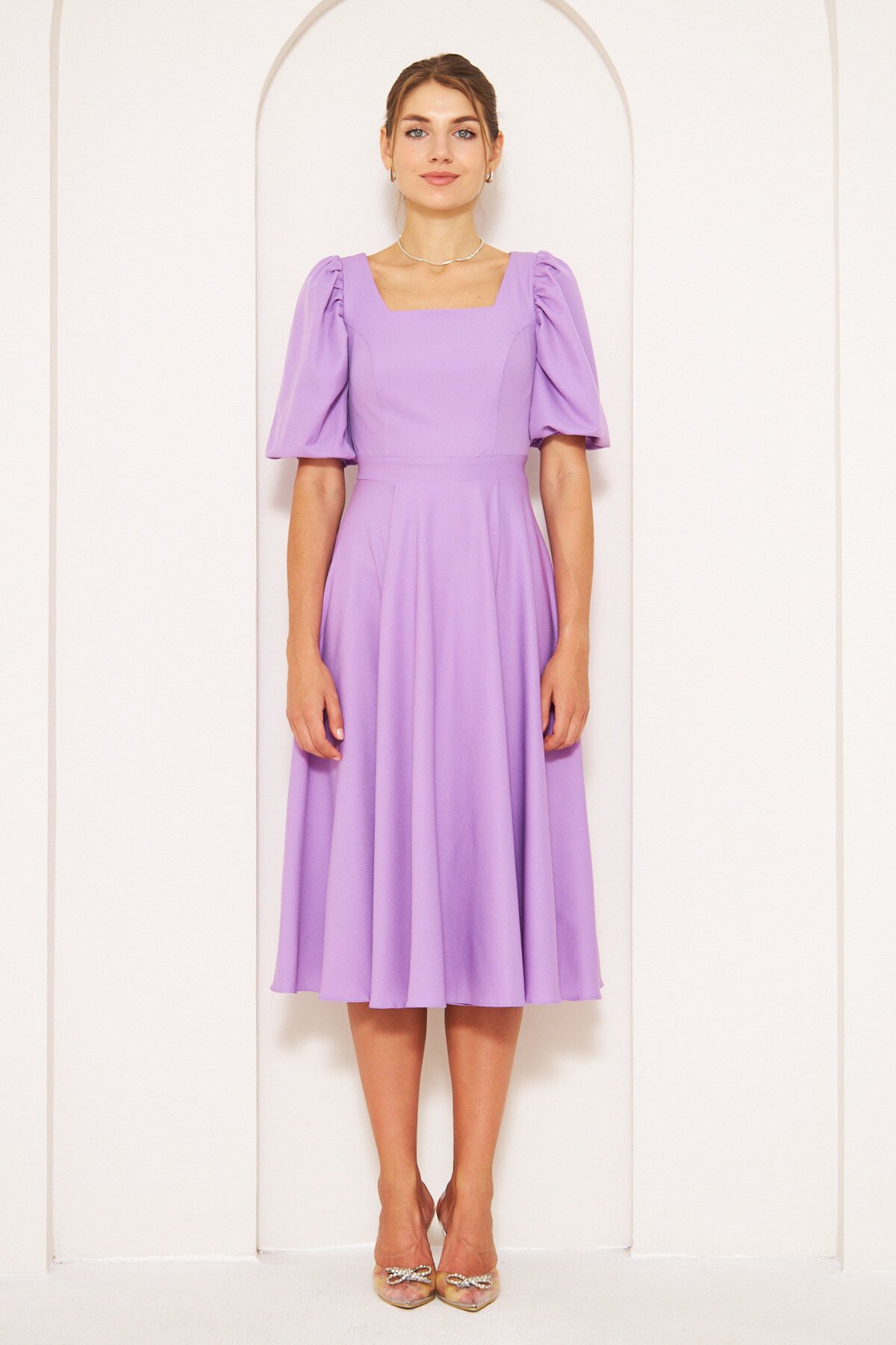 Midi Balloon Sleeve Square Neck Elastic-Cuff Dress - Lilac - Bidoluelbise