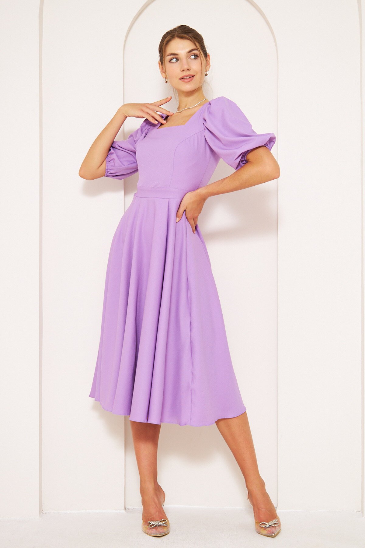 Midi Balloon Sleeve Square Neck Elastic-Cuff Dress - Lilac - Bidoluelbise
