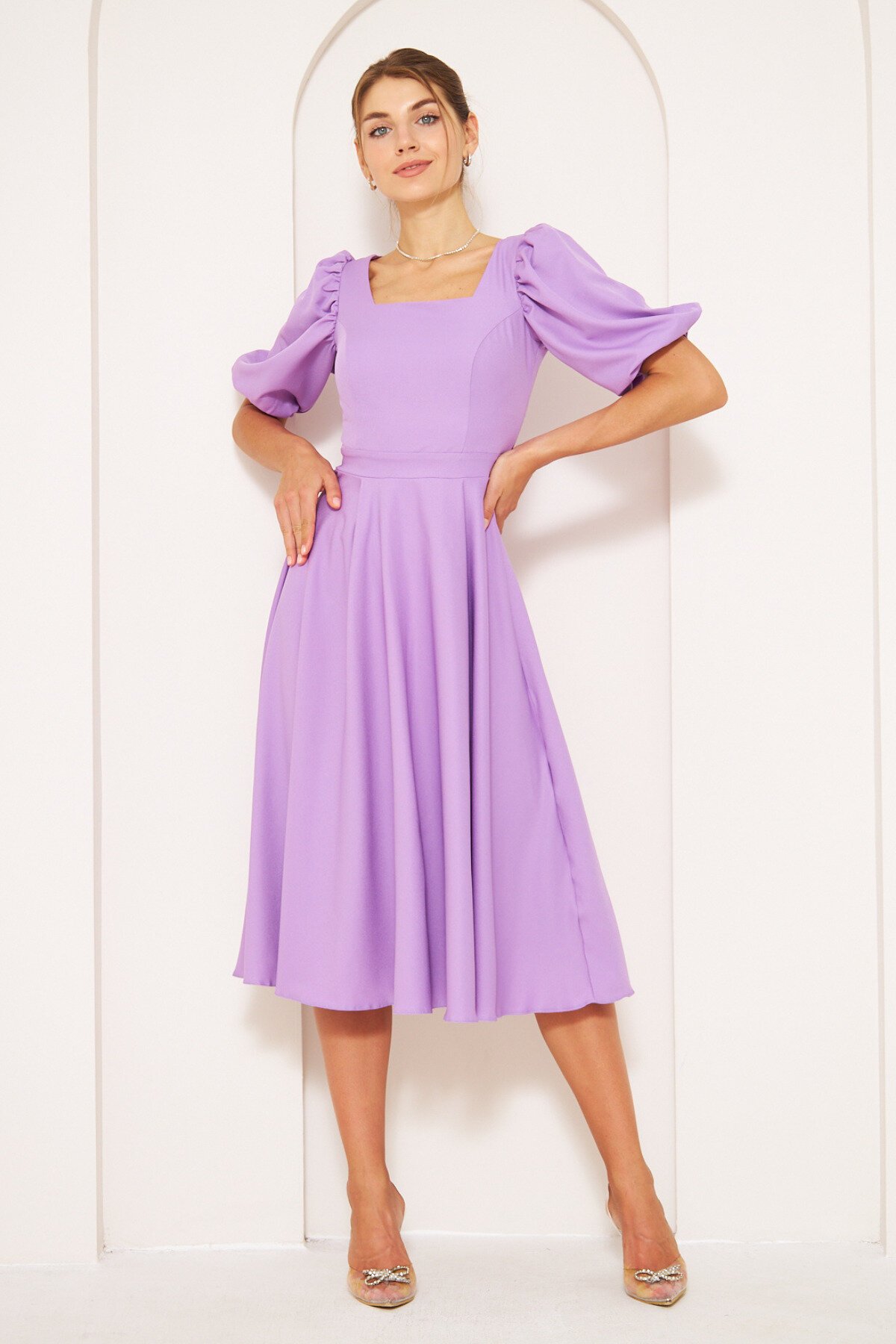 Midi Balloon Sleeve Square Neck Elastic-Cuff Dress - Lilac - Bidoluelbise