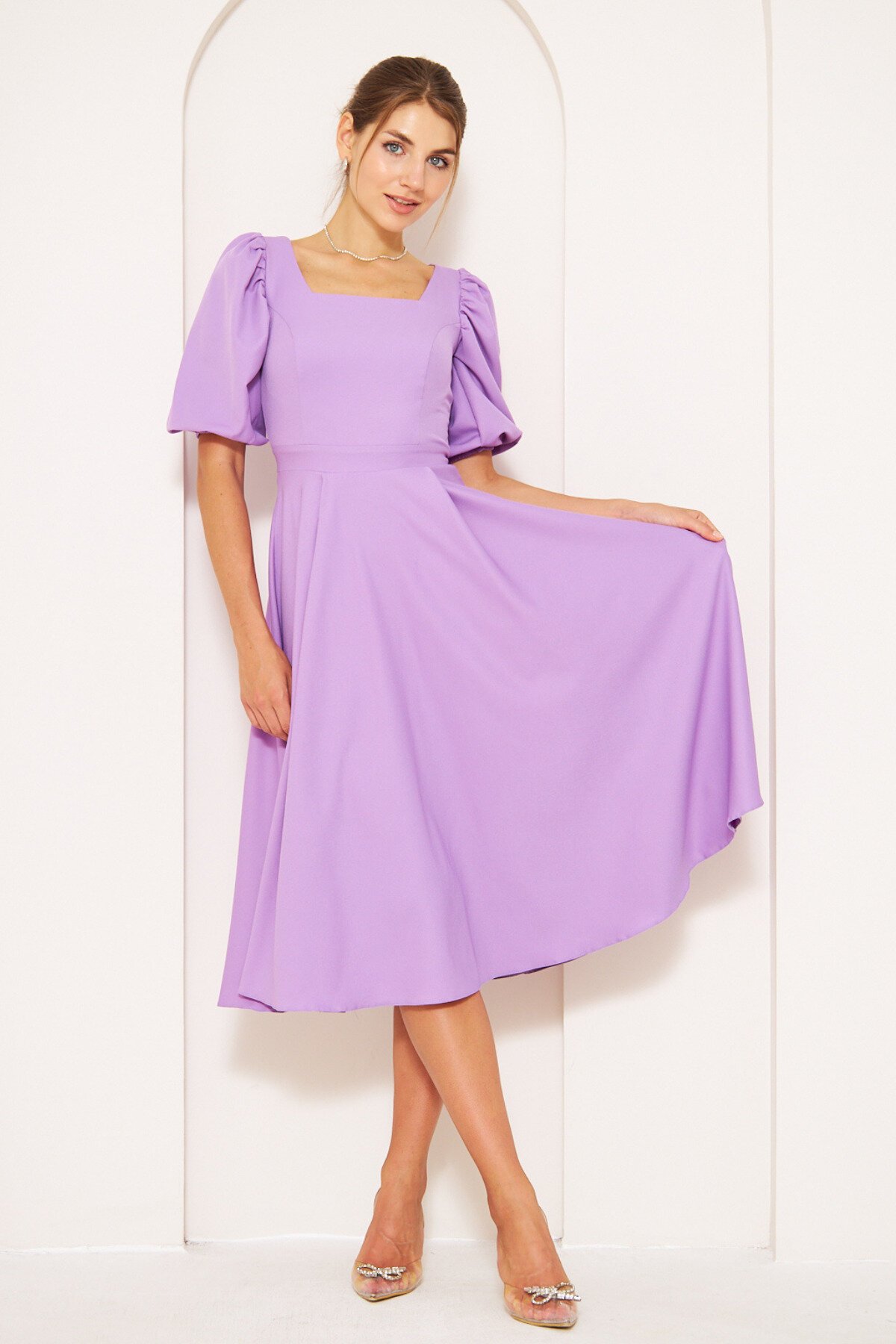Midi Balloon Sleeve Square Neck Elastic-Cuff Dress - Lilac - Bidoluelbise