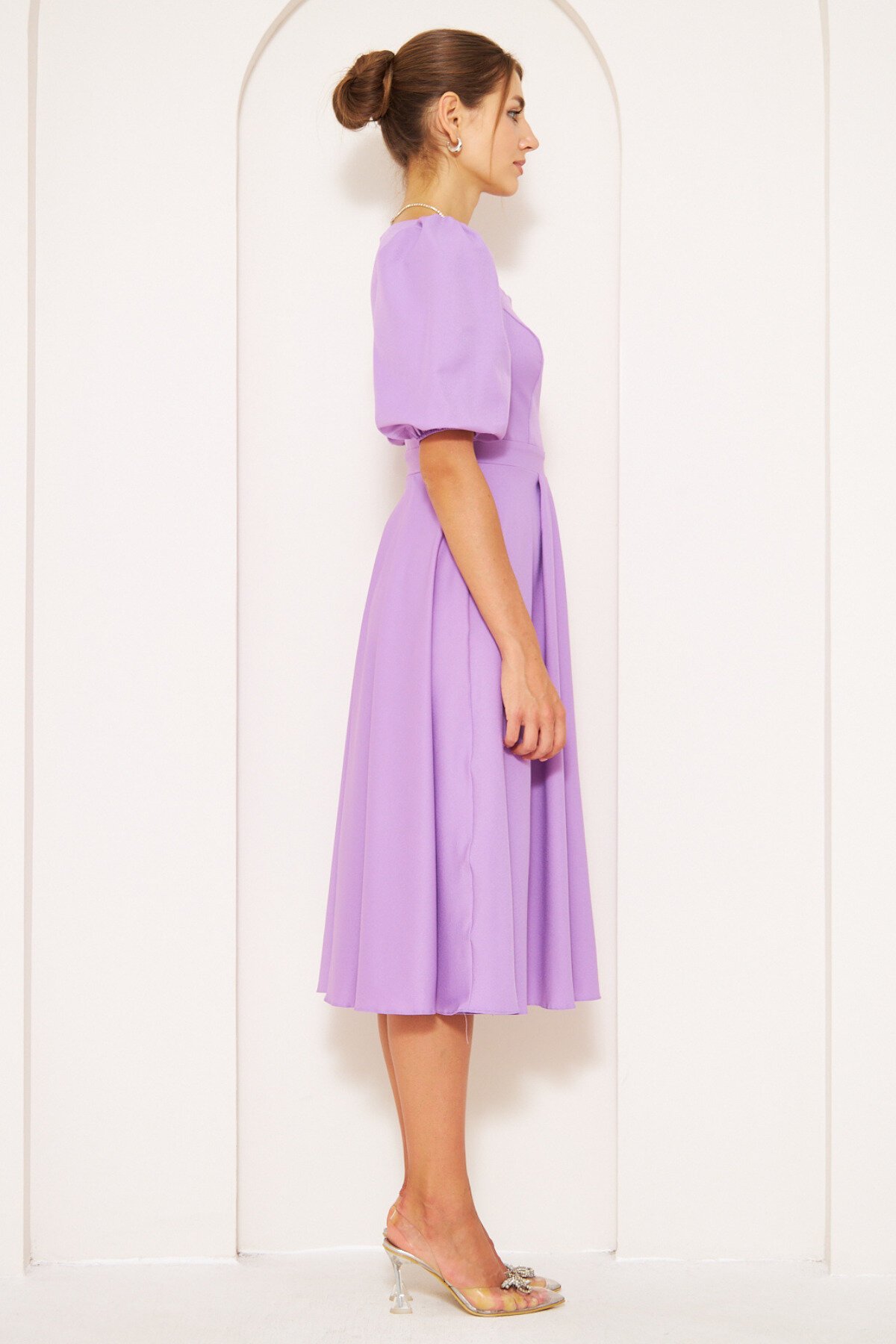 Midi Balloon Sleeve Square Neck Elastic-Cuff Dress - Lilac - Bidoluelbise