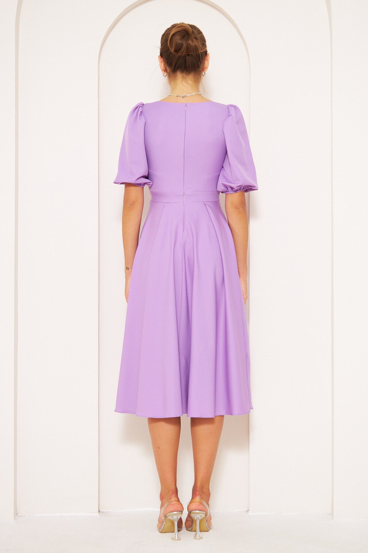 Midi Balloon Sleeve Square Neck Elastic-Cuff Dress - Lilac - Bidoluelbise