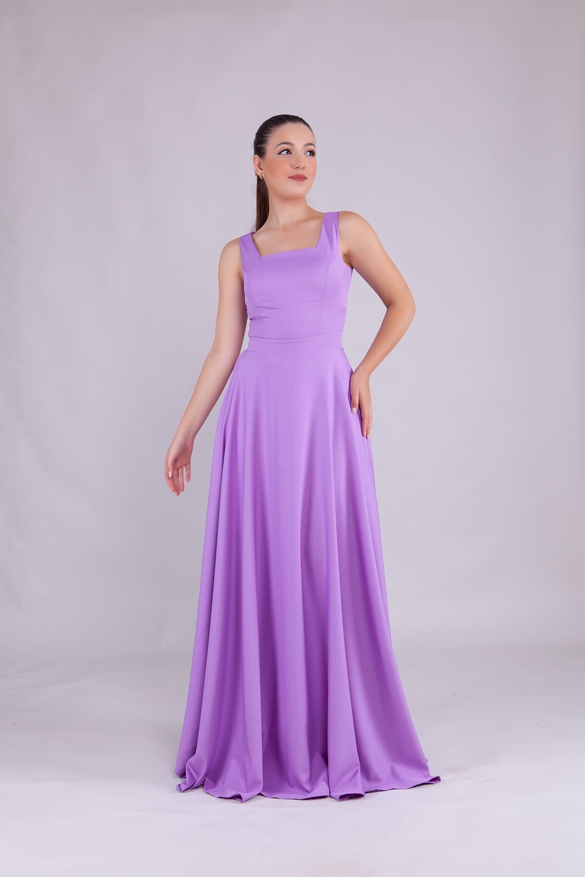 Long Strappy Square Neck Evening Dress - Lilac - Bidoluelbise