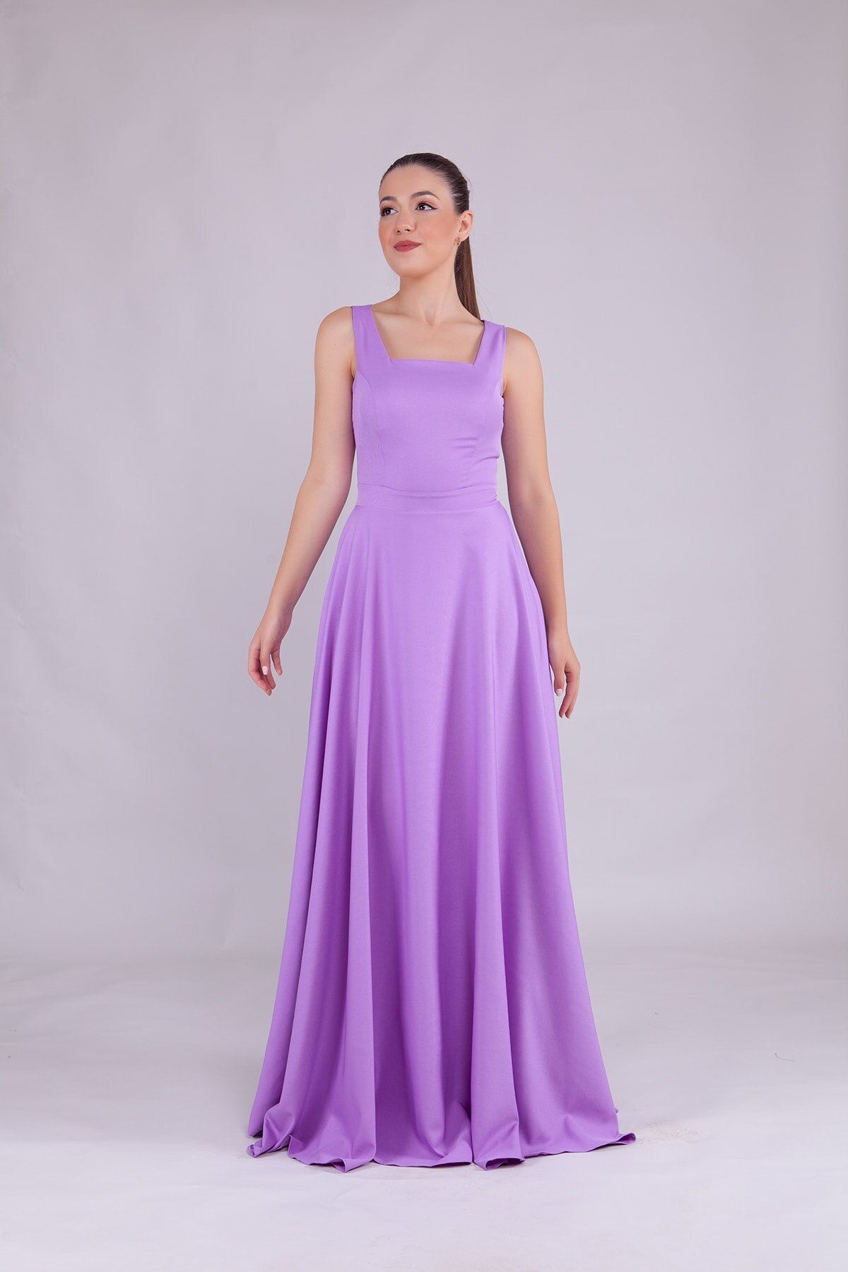 Long Strappy Square Neck Evening Dress - Lilac - Bidoluelbise