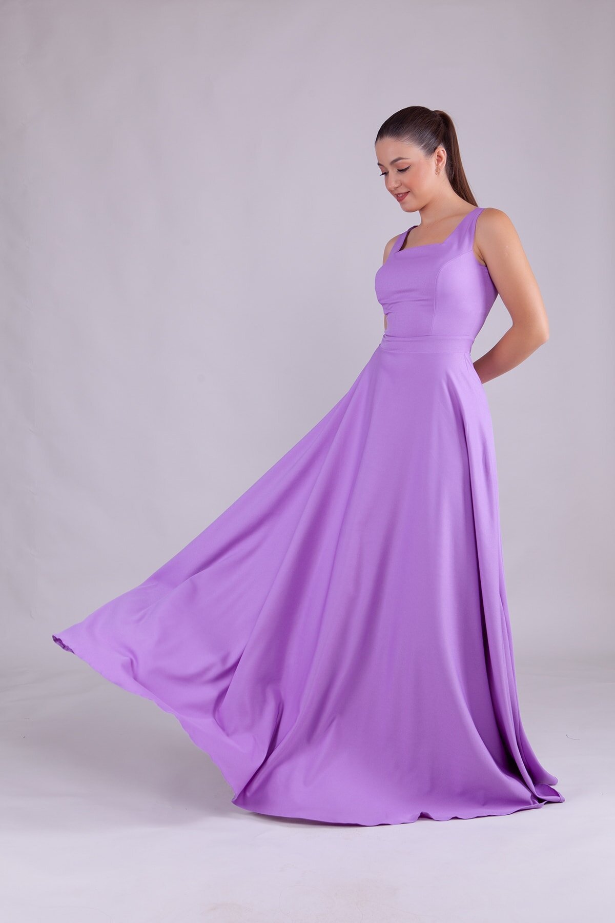 Long Strappy Square Neck Evening Dress - Lilac - Bidoluelbise