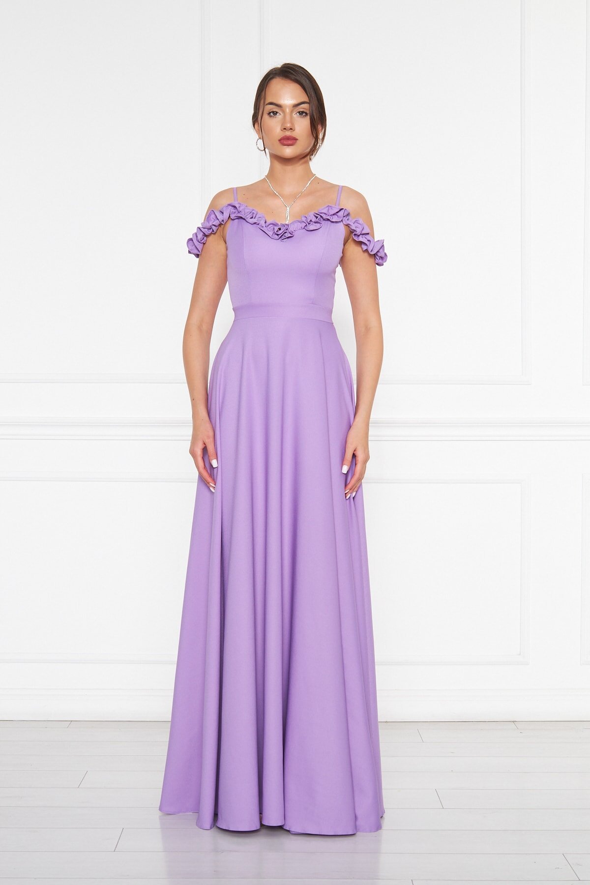 Long Flared Strapless Ruffle-Detail Evening Gown - Lilac - Bidoluelbise
