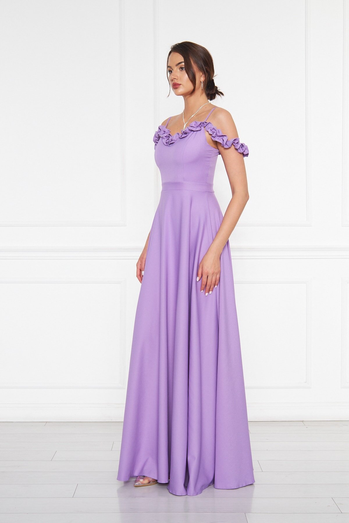 Long Flared Strapless Ruffle-Detail Evening Gown - Lilac - Bidoluelbise