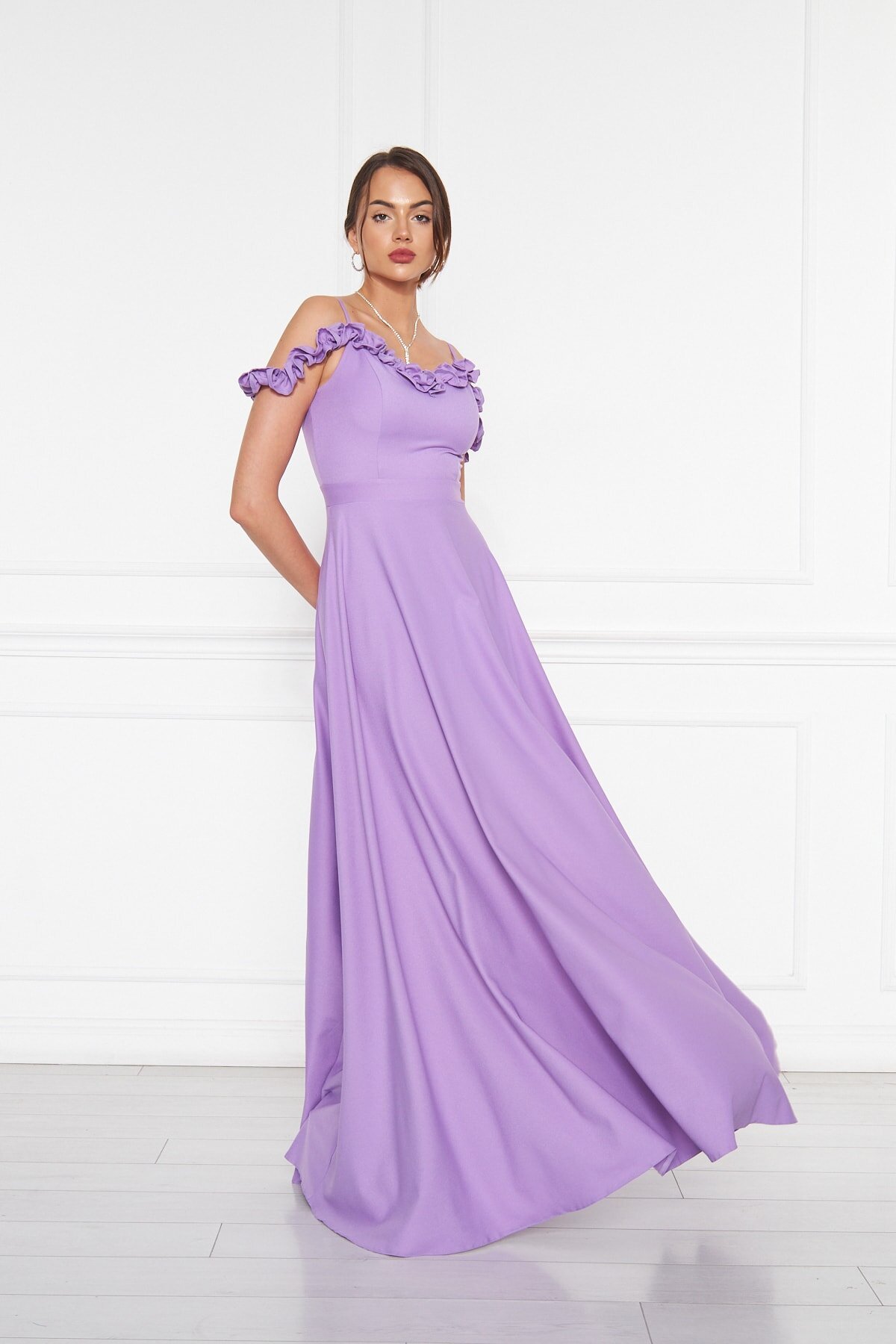 Long Flared Strapless Ruffle-Detail Evening Gown - Lilac - Bidoluelbise