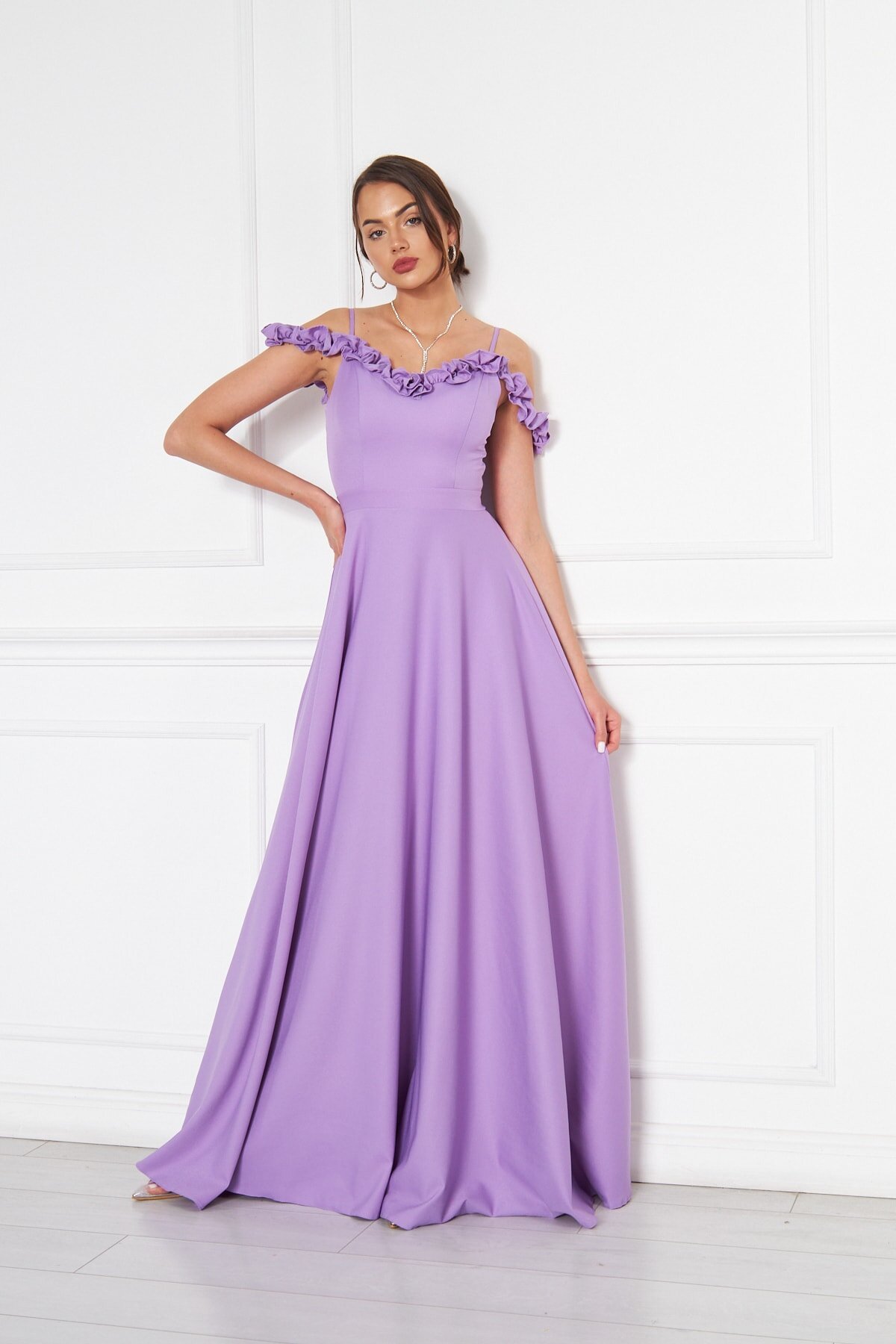 Long Flared Strapless Ruffle-Detail Evening Gown - Lilac - Bidoluelbise