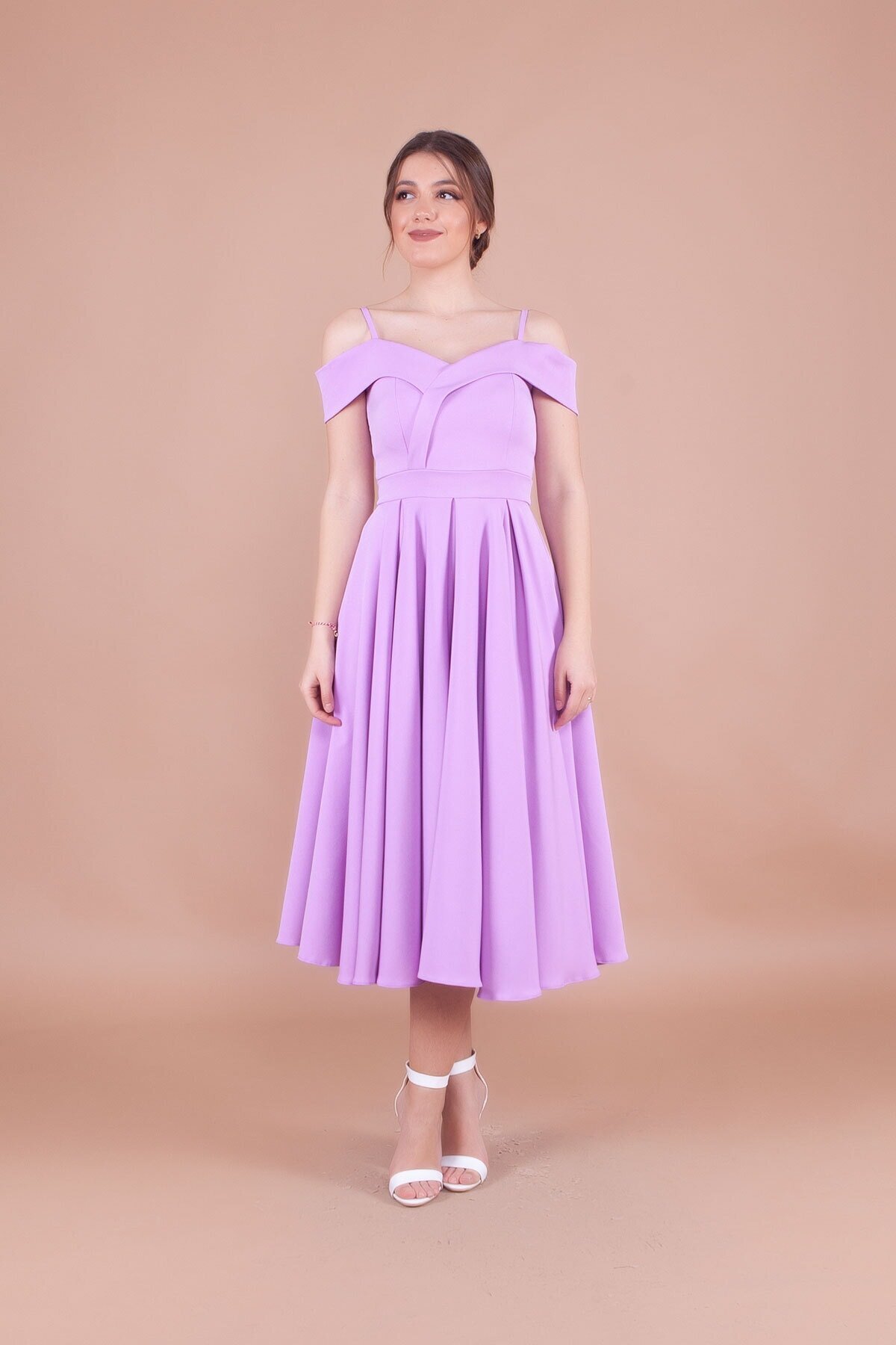 Midi Strappy Pleated Drop Shoulder Evening Dress - Lilac - Bidoluelbise
