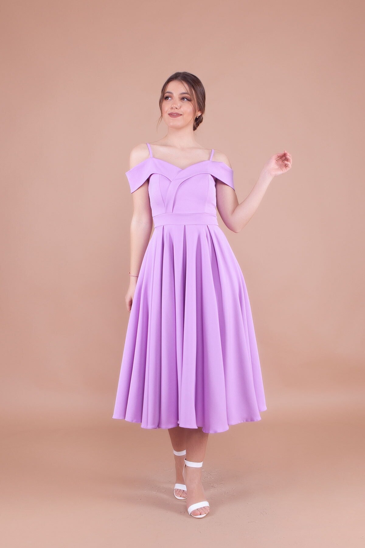 Midi Strappy Pleated Drop Shoulder Evening Dress - Lilac - Bidoluelbise