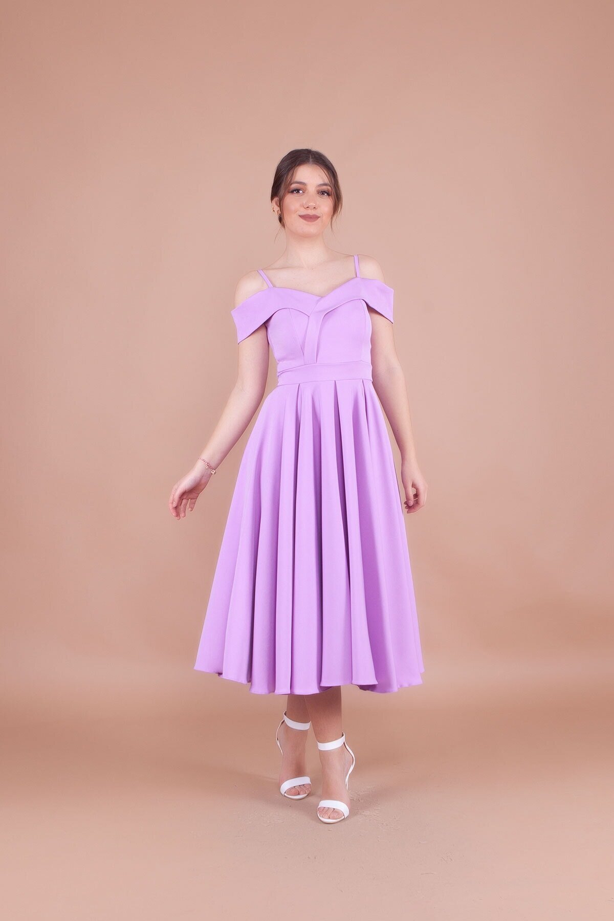 Midi Strappy Pleated Drop Shoulder Evening Dress - Lilac - Bidoluelbise