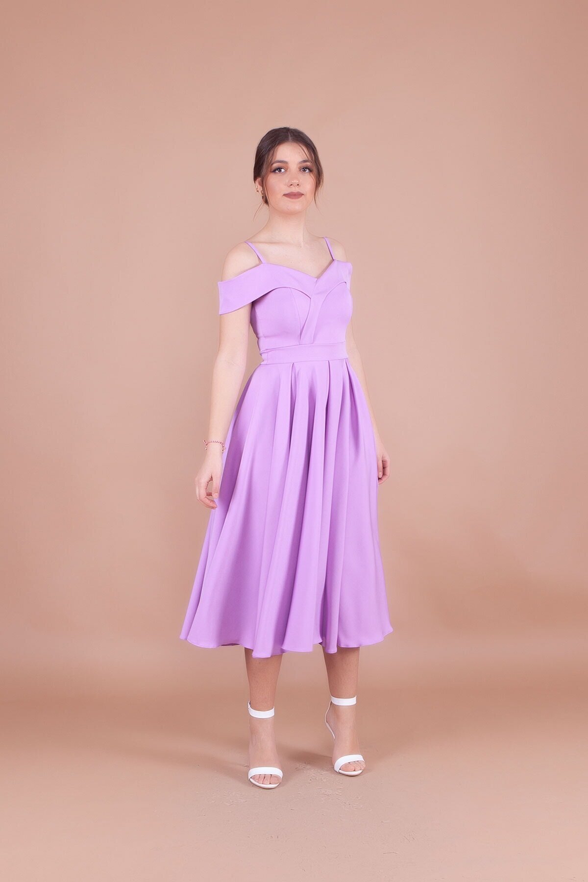 Midi Strappy Pleated Drop Shoulder Evening Dress - Lilac - Bidoluelbise