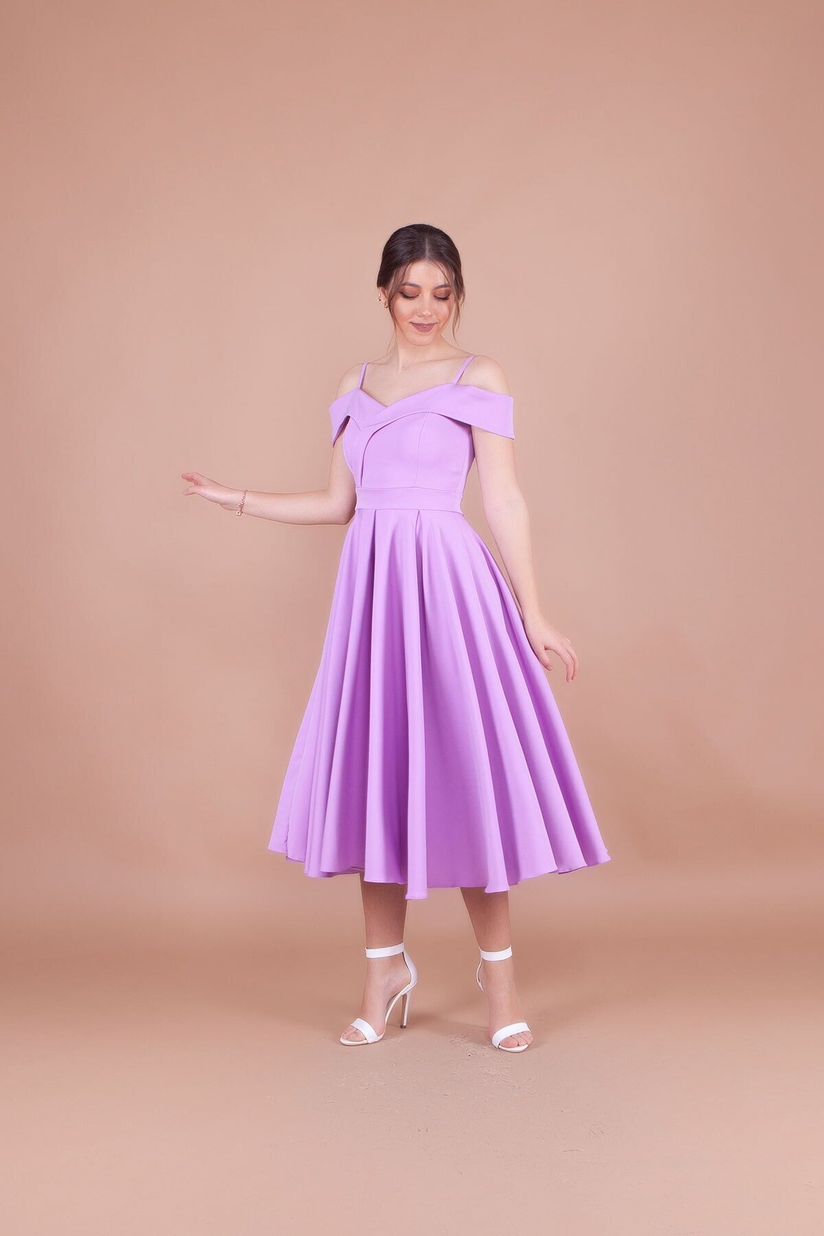 Midi Strappy Pleated Drop Shoulder Evening Dress - Lilac - Bidoluelbise