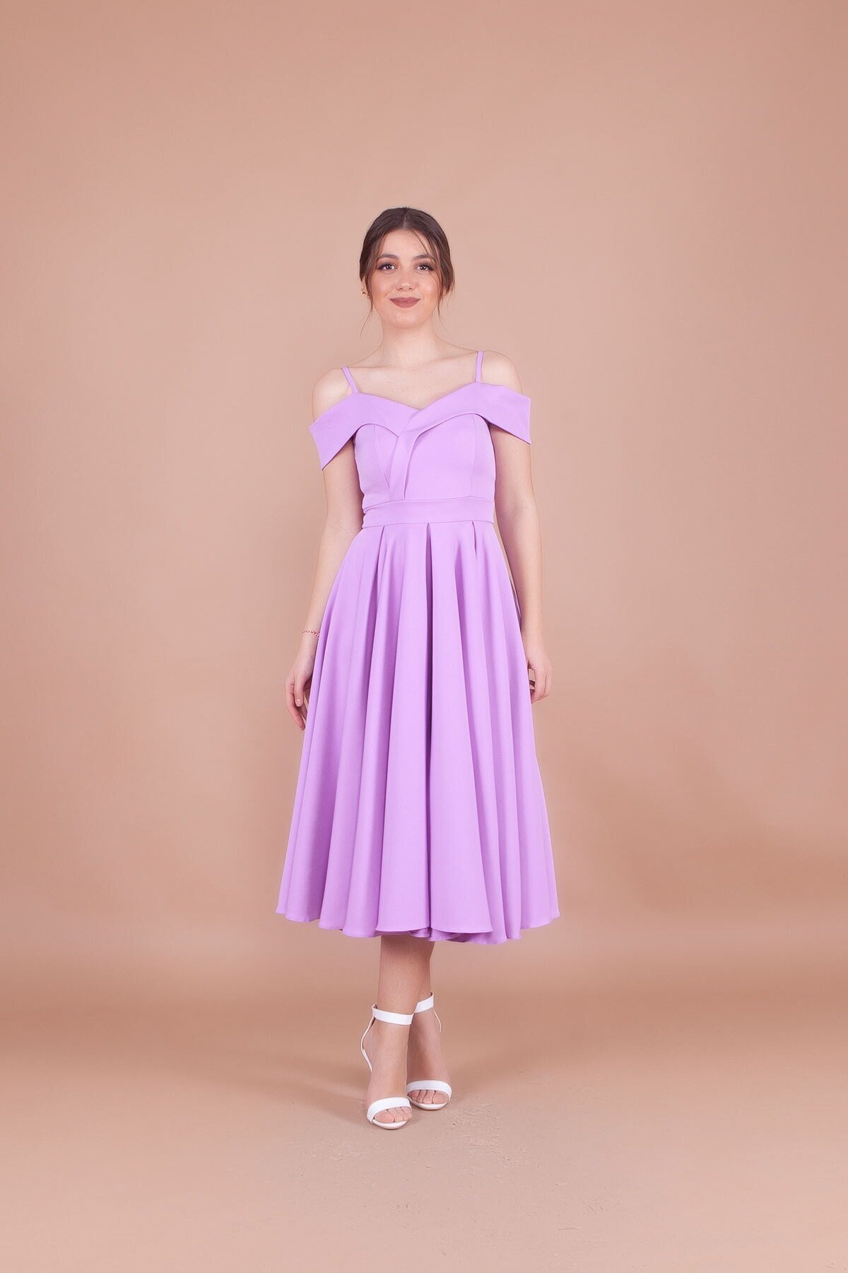 Midi Strappy Pleated Drop Shoulder Evening Dress - Lilac - Bidoluelbise
