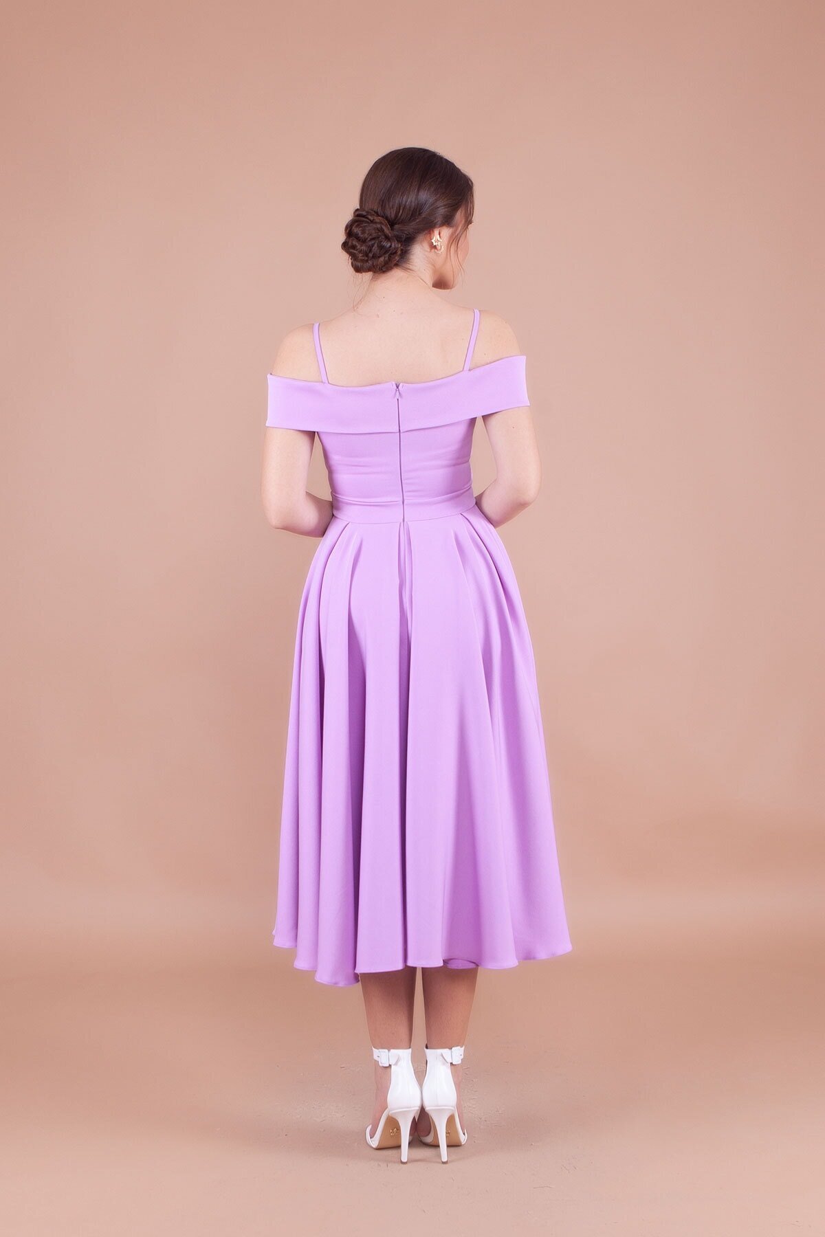 Midi Strappy Pleated Drop Shoulder Evening Dress - Lilac - Bidoluelbise