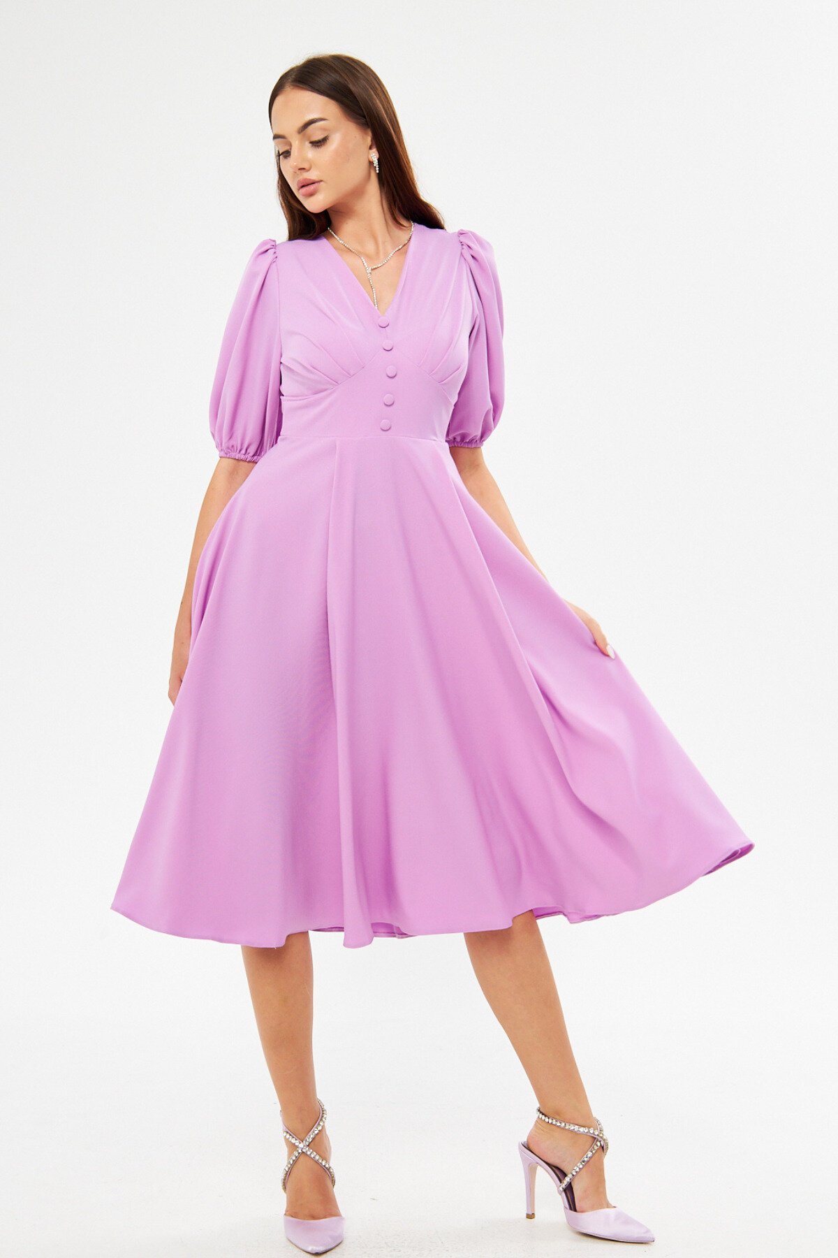 Midi Balloon Sleeve V-Neck Corset Belt Detail Evening Dress - Lilac - Bidoluelbise
