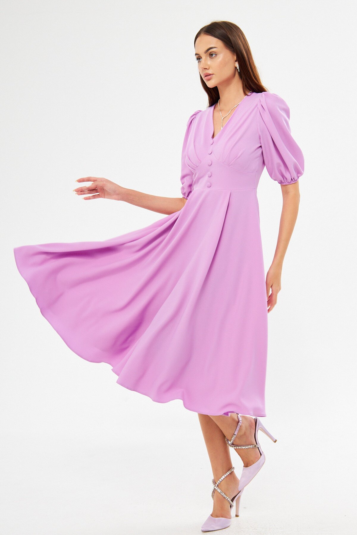 Midi Balloon Sleeve V-Neck Corset Belt Detail Evening Dress - Lilac - Bidoluelbise