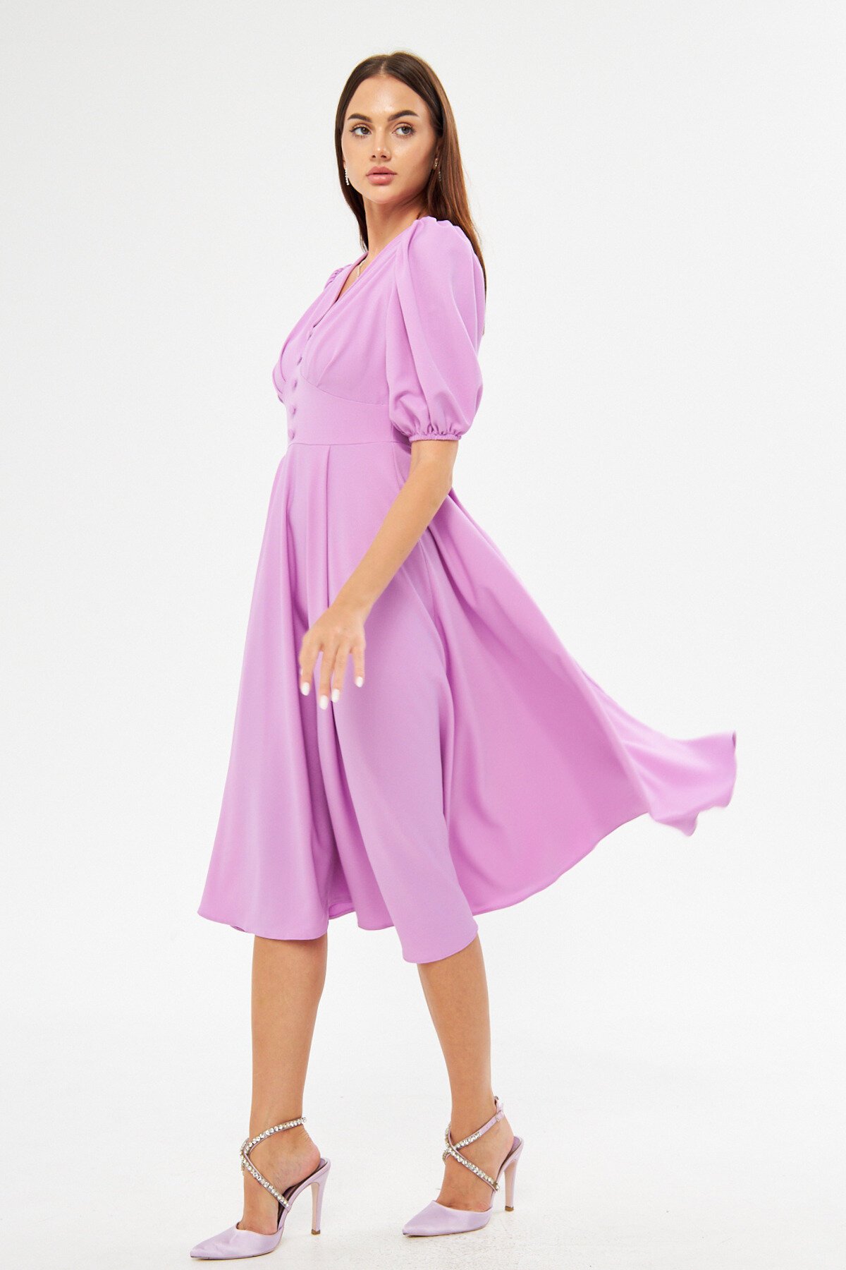 Midi Balloon Sleeve V-Neck Corset Belt Detail Evening Dress - Lilac - Bidoluelbise