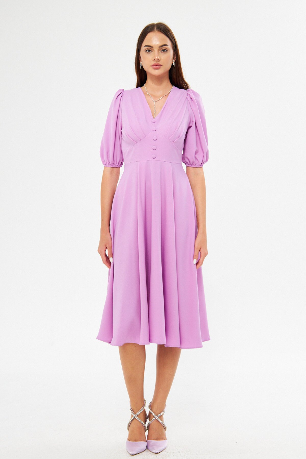 Midi Balloon Sleeve V-Neck Corset Belt Detail Evening Dress - Lilac - Bidoluelbise