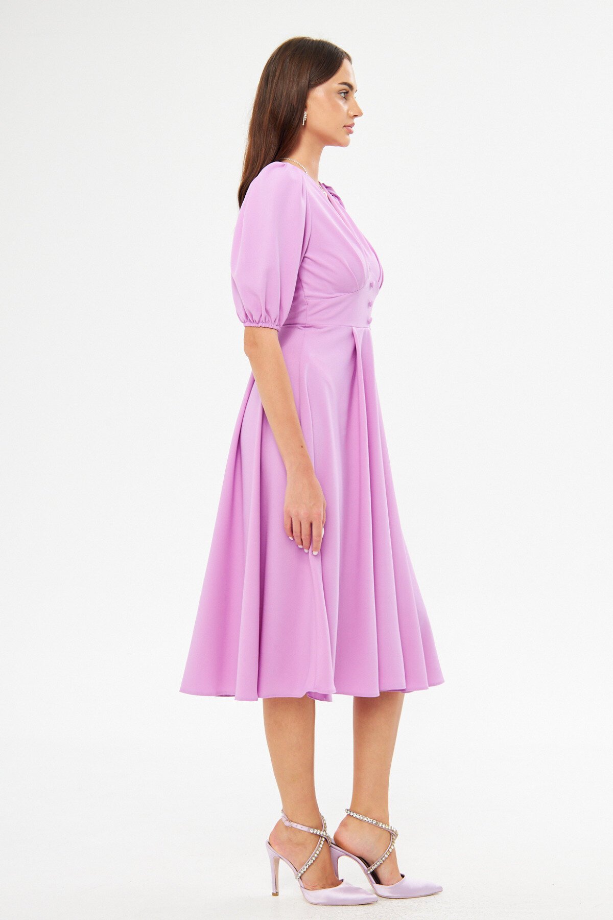 Midi Balloon Sleeve V-Neck Corset Belt Detail Evening Dress - Lilac - Bidoluelbise